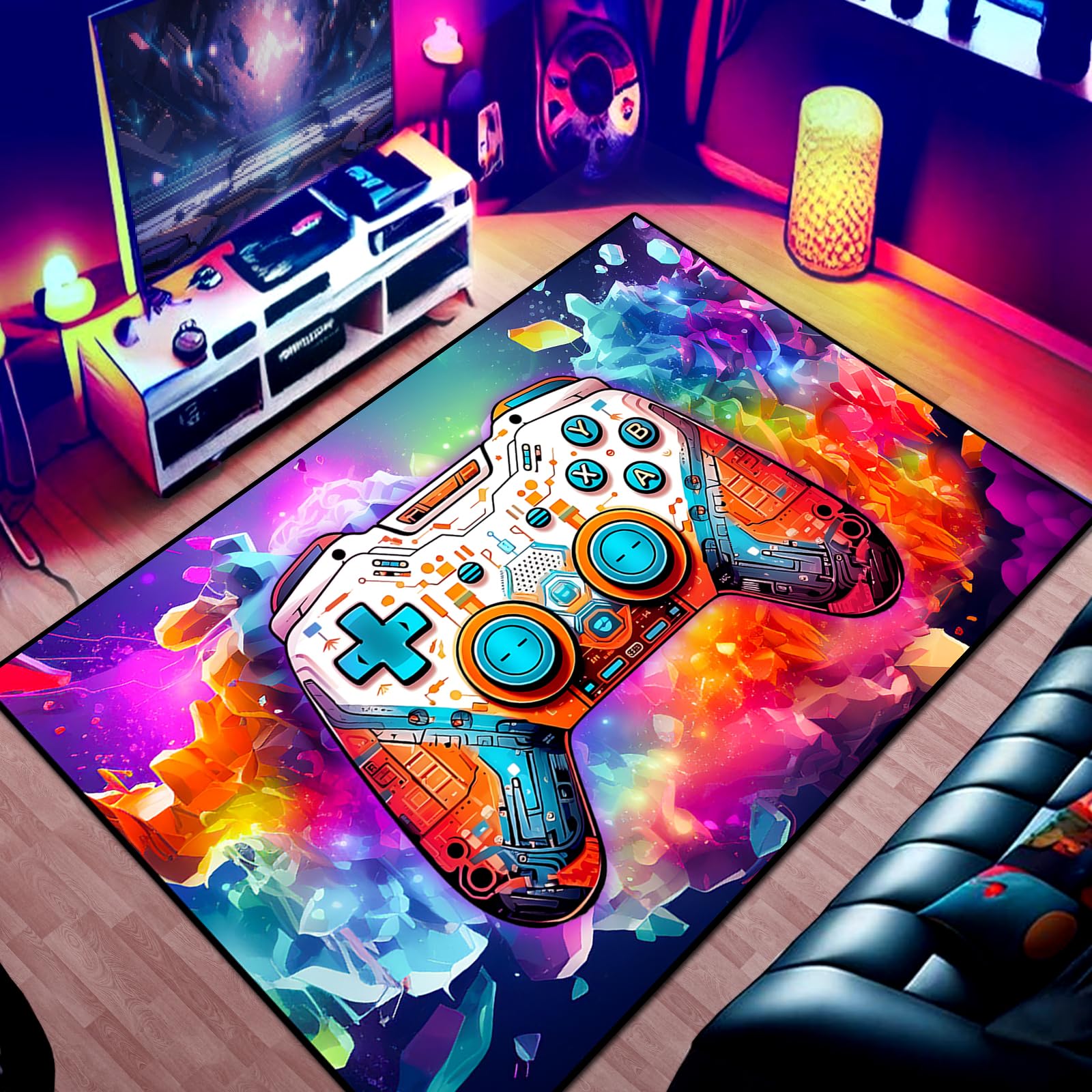 Gaming Area Rug Teen Boys Carpet, Colorful Cool Gamepad and Colorful Bomb Background Game Controller Design for Game Room, Gaming Room, Boys Girls