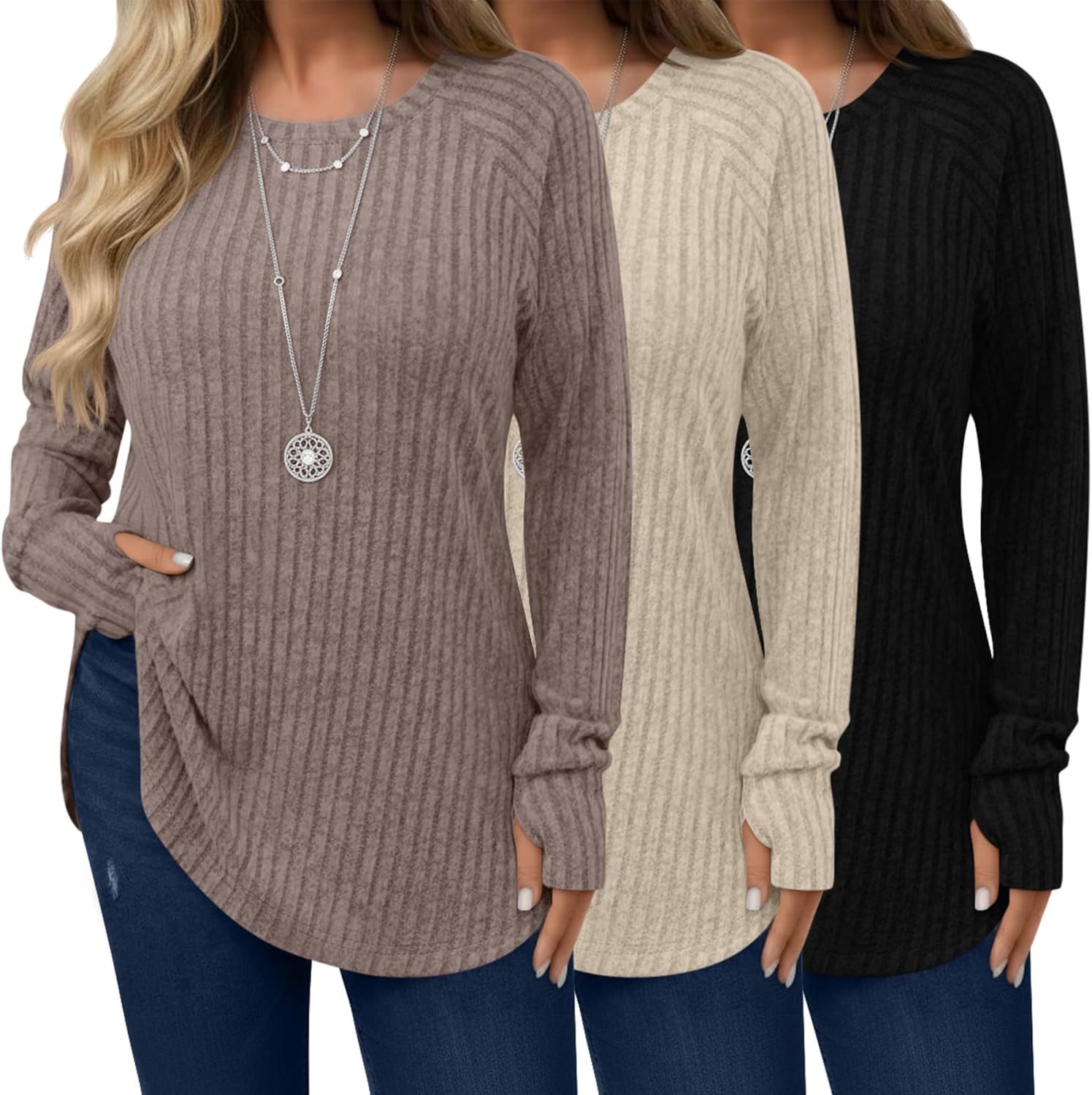 Riyiper 3 Pack Women's Plus Size Long Sleeve Sweaters, Curved Hem Side Split Crew Neck Loose Fall Tunic Tops with Thumb Hole