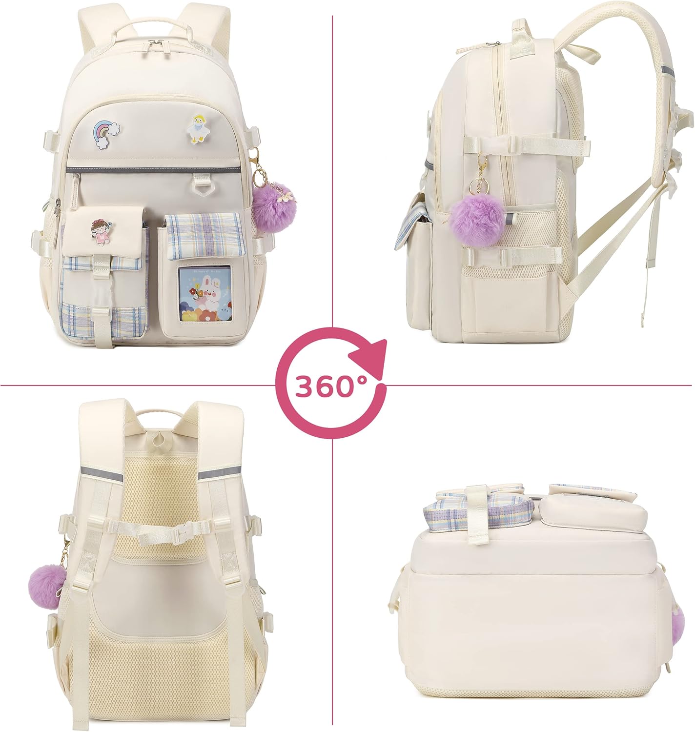 Backpack for Girls, 15.6 Inch Laptop School Bag Kids Kindergarten Elementary College Backpacks Large Bookbags for Teen Girl Women Students Casual Travel Daypacks (Beige)