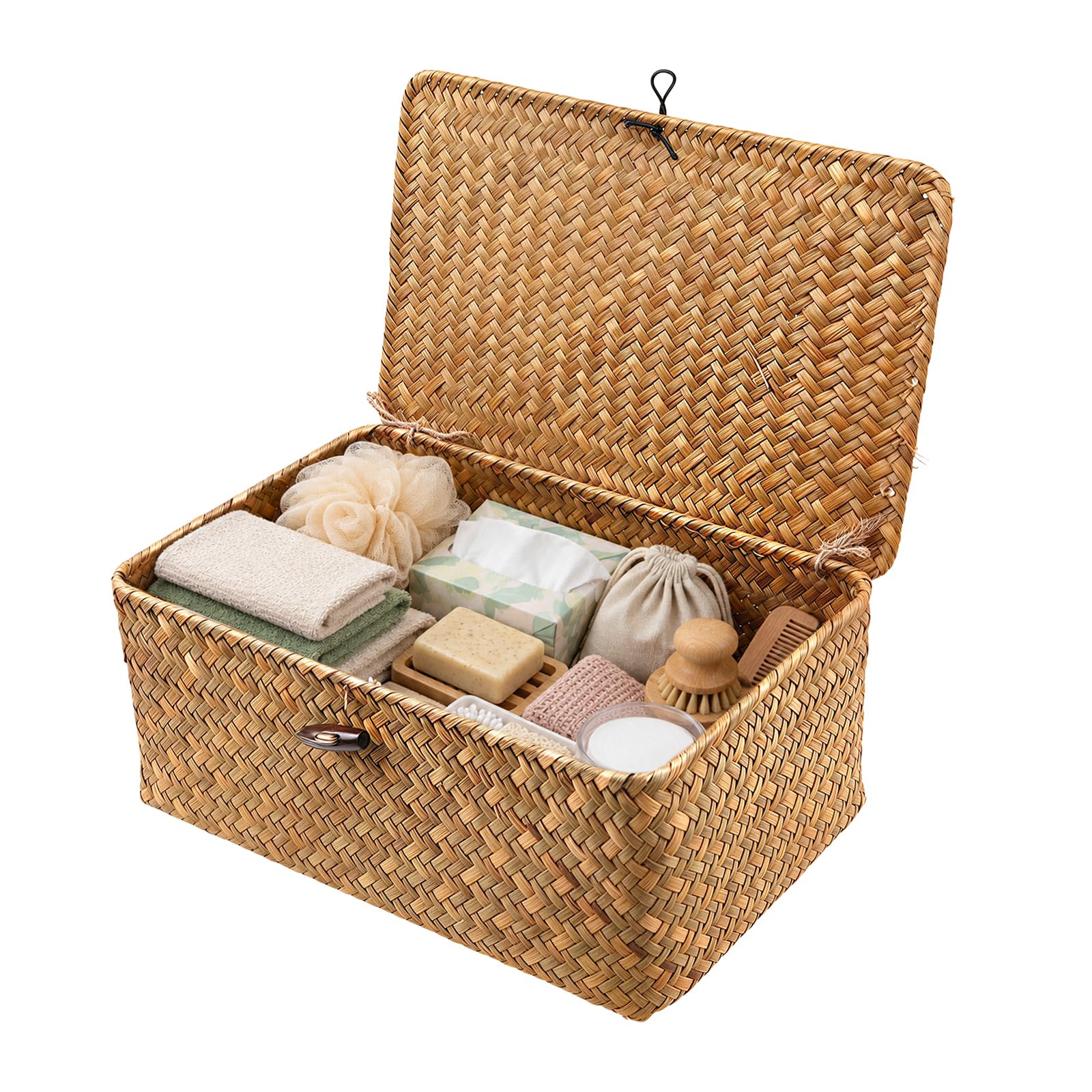 IHONYI Wicker Storage Basket – Seagrass Basket with Lid, Hand-Woven, with Sturdy Wire Frame, Laundry Baskets, Baskets & Storage Box for Bathroom, Shelf, Bedroom, Living Room,M（26 * 16 * 10cm） — image 1