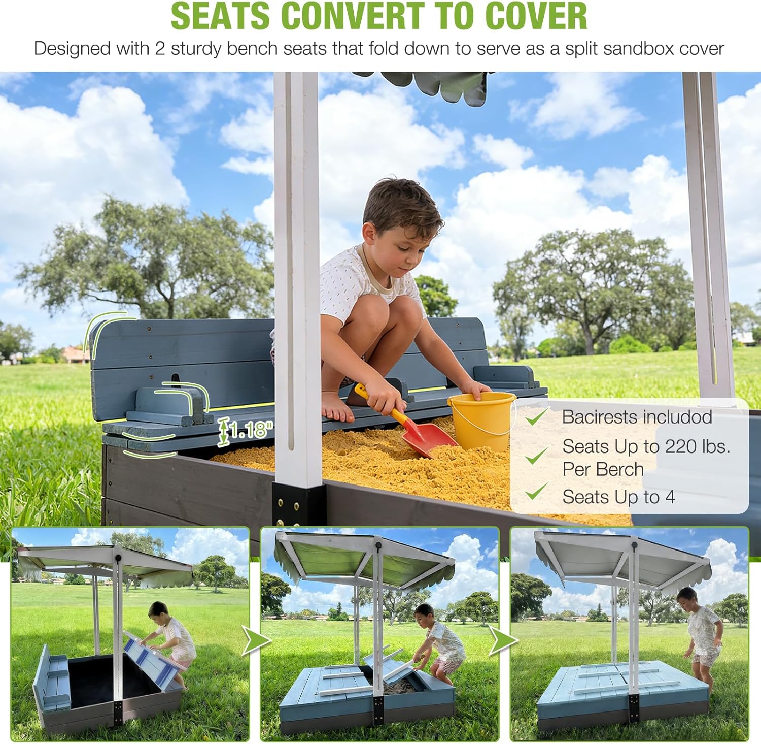 GUTINNEEN Sandbox with Lid and Cover for Kids Outdoor with 2 Foldable Bench Seats, Adjustable Canopy and Sand Protection Liner, 47.2" L x 47.2" W x 51.9" H, (Blue)