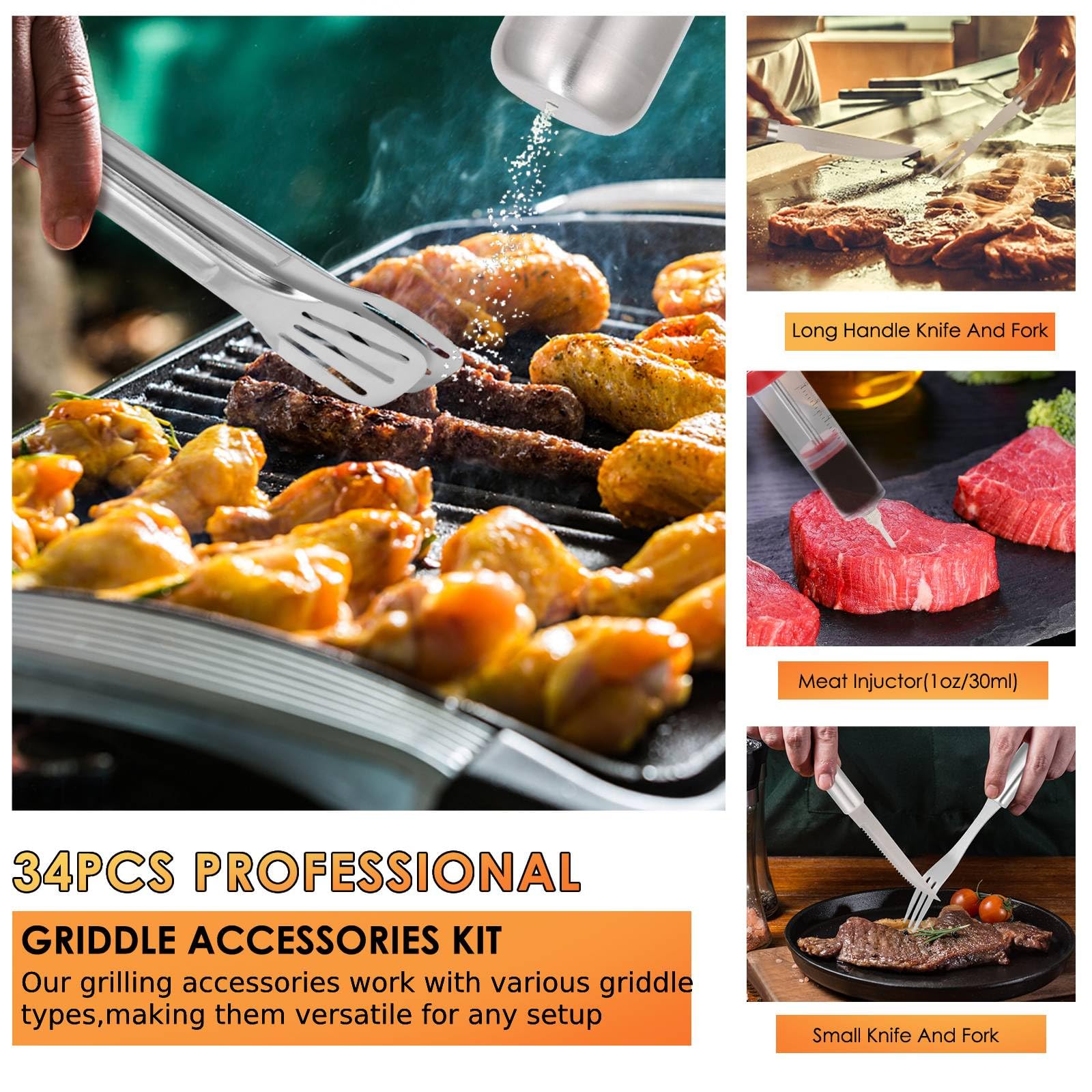Yoehka Set di accessori per barbecue, 34 pezzi, strumenti resistenti per barbecue per campeggio all'aperto, regali per grigliare per uomini e papà, kit di utensili per barbecue in acciaio inossidabile