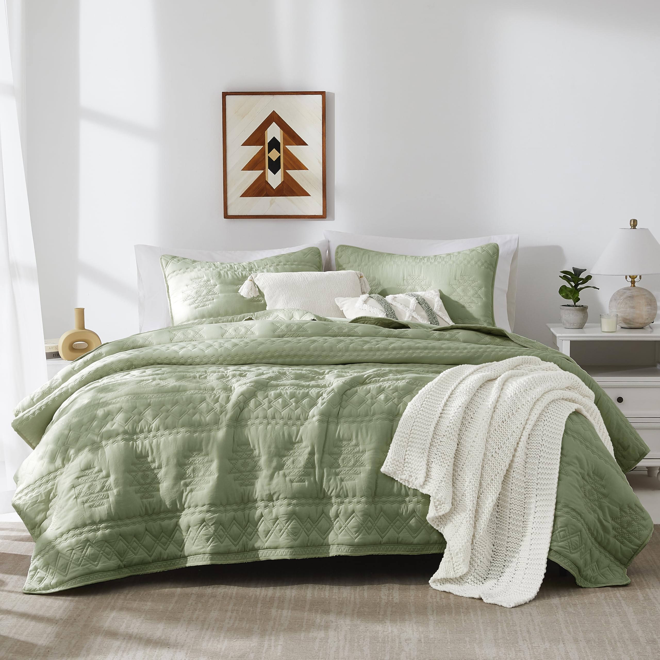 WDCOZY Boho Sage Green Twin Quit Size Bedding Sets with 1 Pillow Sham, Farmhouse Lightweight Soft Bedspread Coverlet for All Season, 2 Pieces, 68x90