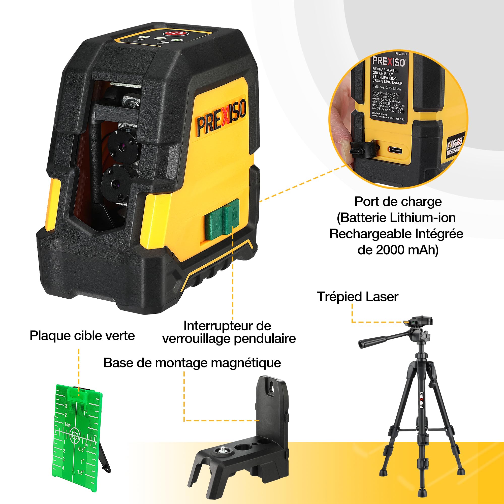 PREXISO Niveau Laser 360° Autonivelant avec Trépied | Horizontal/Croix/Vertical Niveau Laser Vert, Rechargeable, Distance de Travail 30 M, pour Construction, Carrelage, Rénovation