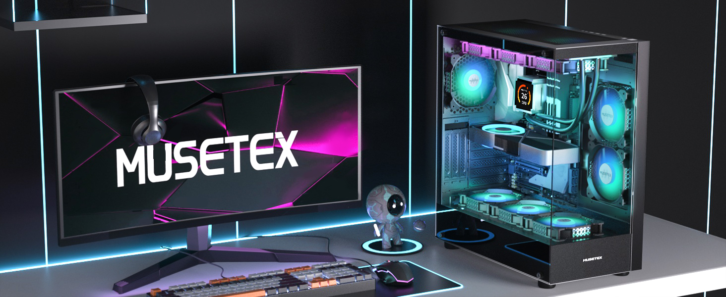 MUSETEX Boitier PC ATX, 6 Ventilateurs PWM ARGB pré-installés Boitier
