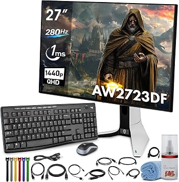 Alienware AW2723DF Gaming Monitor - 27-inch 2560 x 1440 280Hz Display, 1ms Response Time, NVIDIA G-Sync, Height/Tilt/Swivel/Pivot Adjustability - Lunar Light Bundle with Accessories