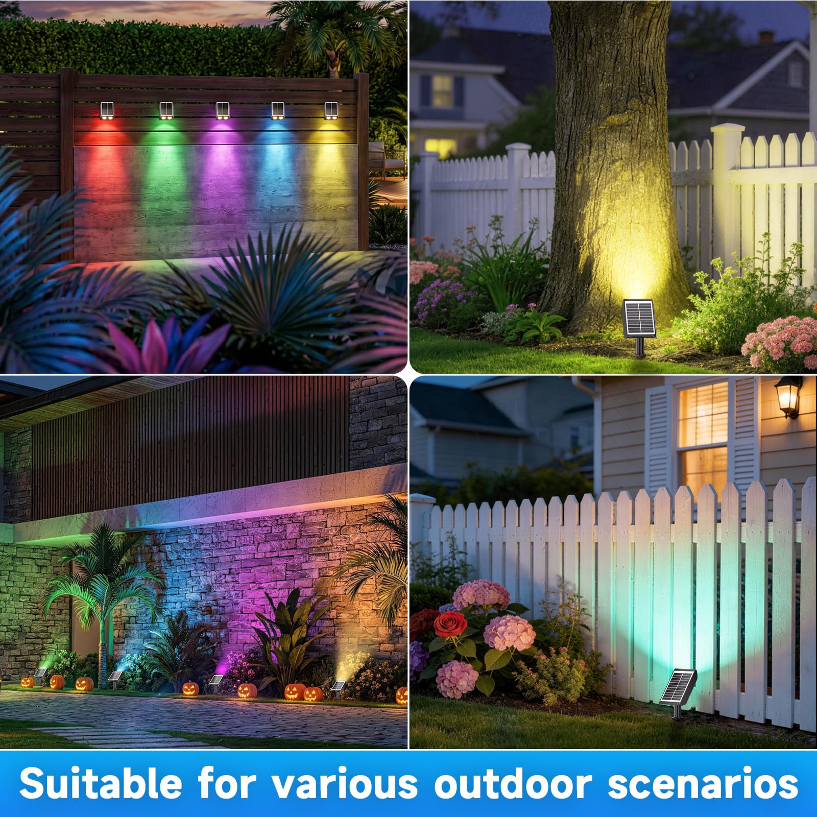 Foco solar RGB: 2 en 1 luces solares para exteriores con 8 modos de iluminación y columna guía de luz de PC para árbol, jardín, patio, camino, luces de paisaje que cambian de color RGB | IP65