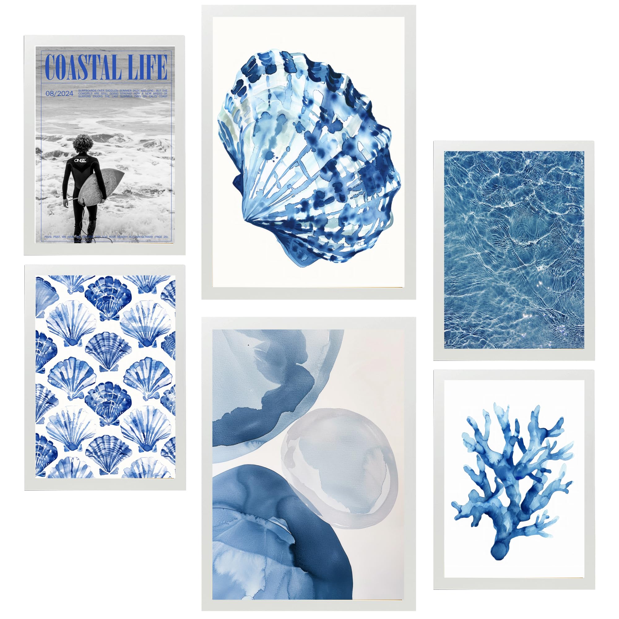 Nacnic Set di 6 quadri Blu navy, mare ed estate illustrazioni di design per decorare le pareti di casa A3 e A4 Cornice bianca