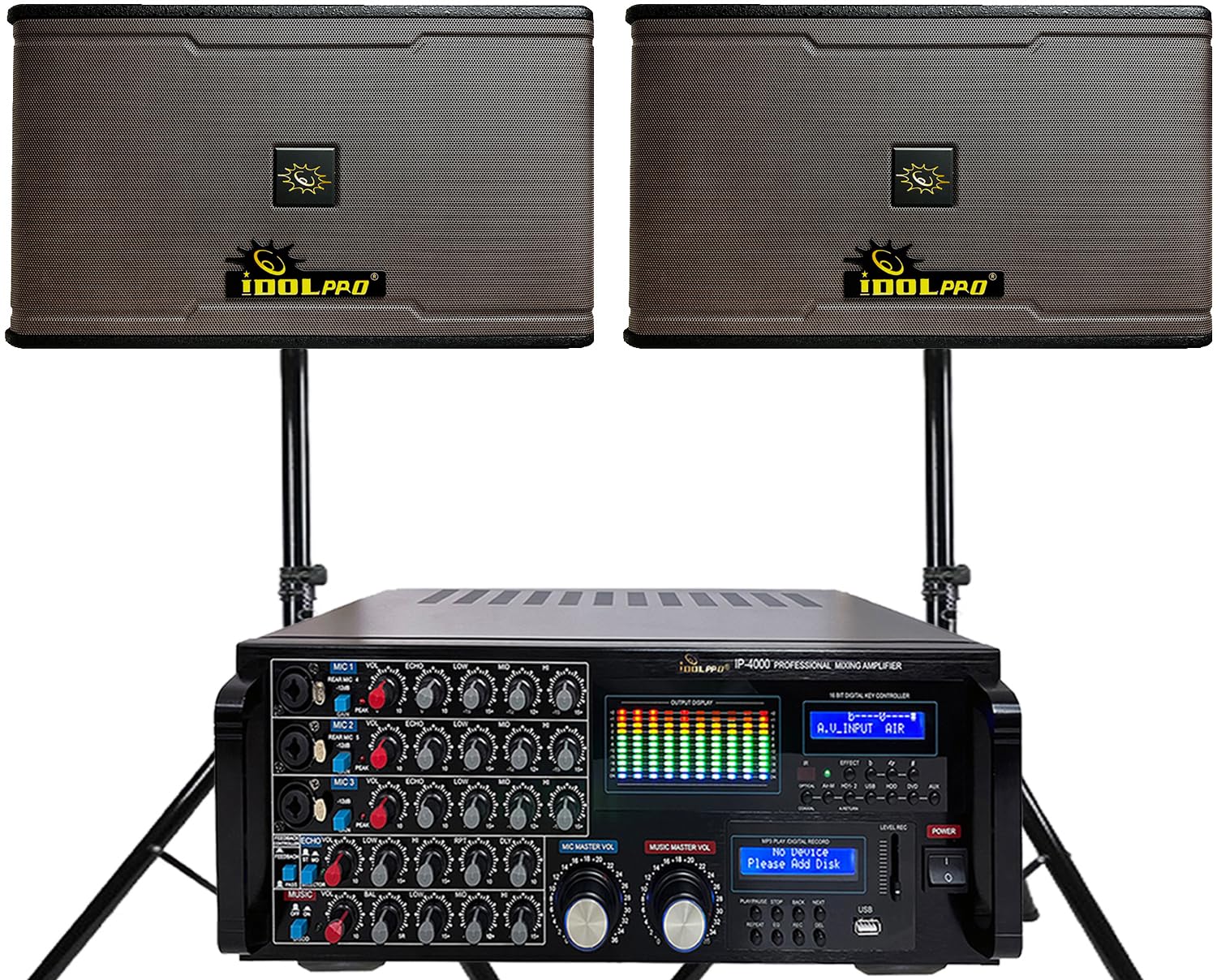 IDOLpro 3000W Home Karaoke System with New Mixing Amplifier and Dual 3 Way 1200W Speakers and Stands