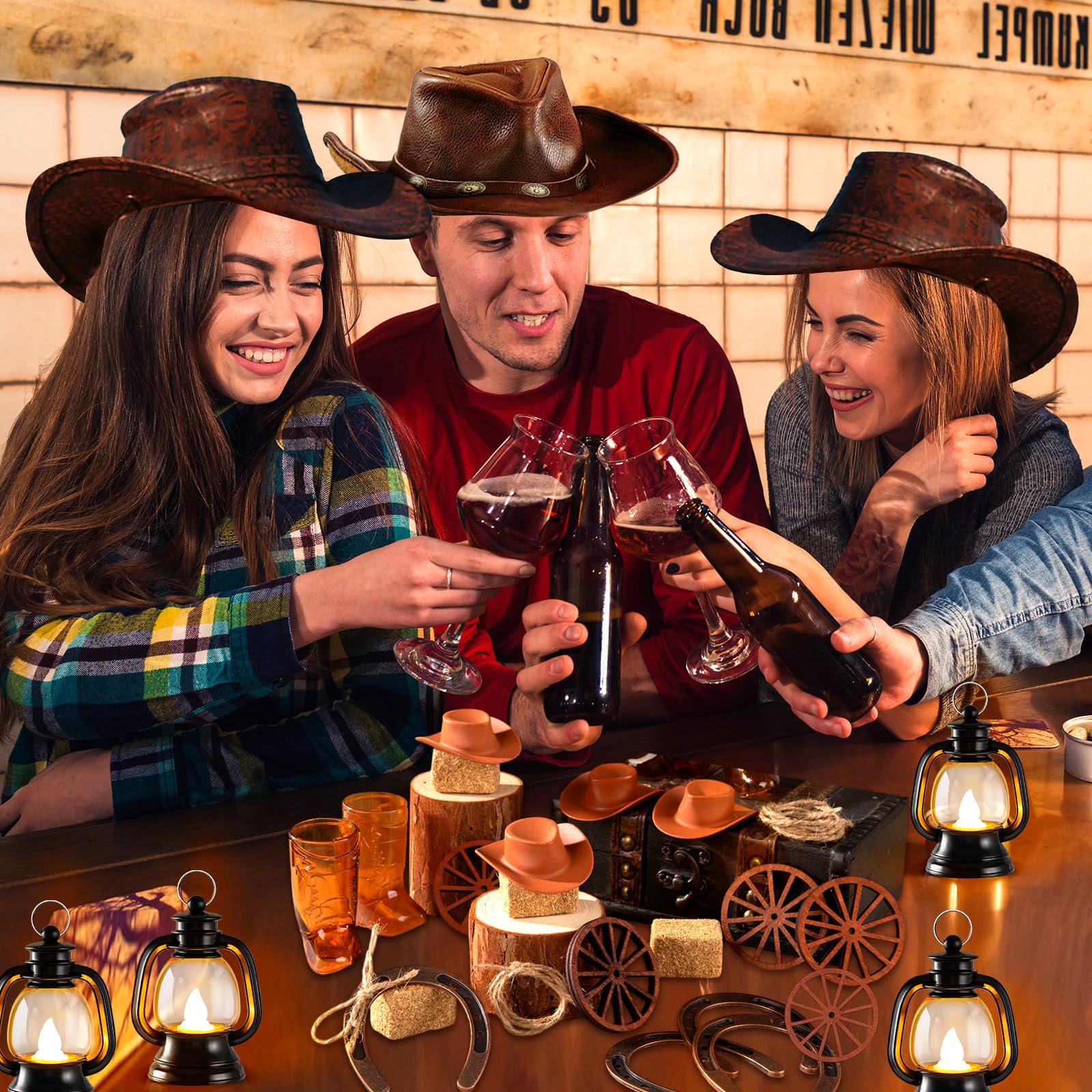 24 decorazioni per feste a tema cowboy, centrotavola per feste a tema cowboy, mini cappello da cowboy, lanterna, ferro di cavallo, ruota di carro, balle di fieno, per matrimoni occidentali, compleanni