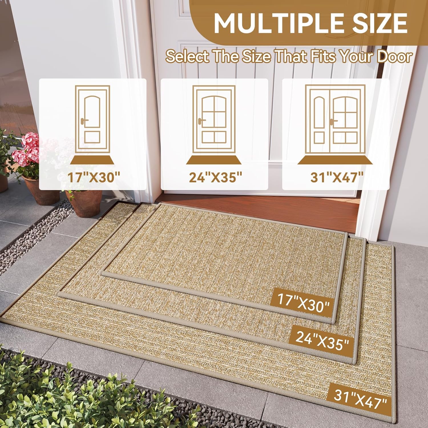 Front Door Mat 17"x30", Heavy Duty Waterproof Dirt Trapping Non-Slip Doormats, Low Profile Entrance Mats for Front Indoor/Outdoor, Brown - Image 2