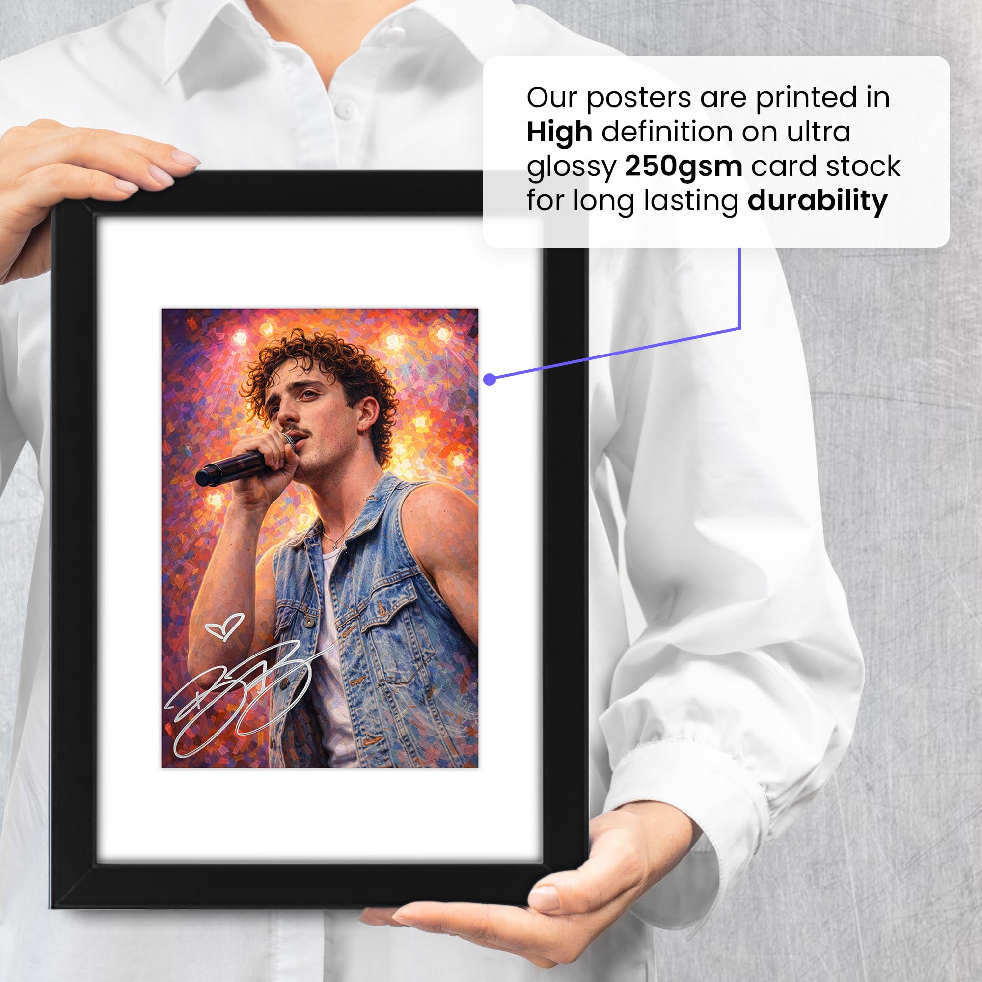 Benson Boone Art Signierter Posterdruck, limitierte Auflage, Autogramm, Fangeschenk, Sammlerstück, Wandkunst, Merchandise – American Heart World Tour 2026 Tribute (A3, gerahmt mit Passepartout)