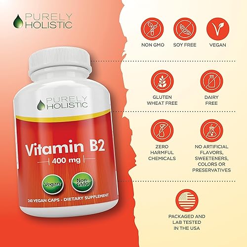 Miniatura 7 de Purely Holistic Vitamina B2 Riboflavina 400 mg - 240 cápsulas veganas, suministro para 8 meses - Vitaminas B2 de alta resistencia - Sin OMG y sin