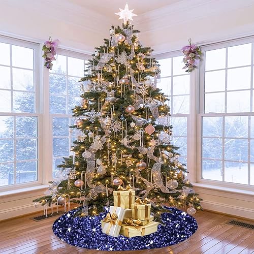 Miniatura 18 de Falda de árbol de Navidad negra de 46 pulgadas, falda de árbol de Navidad con lentejuelas de terciopelo suave, falda de árbol de Halloween