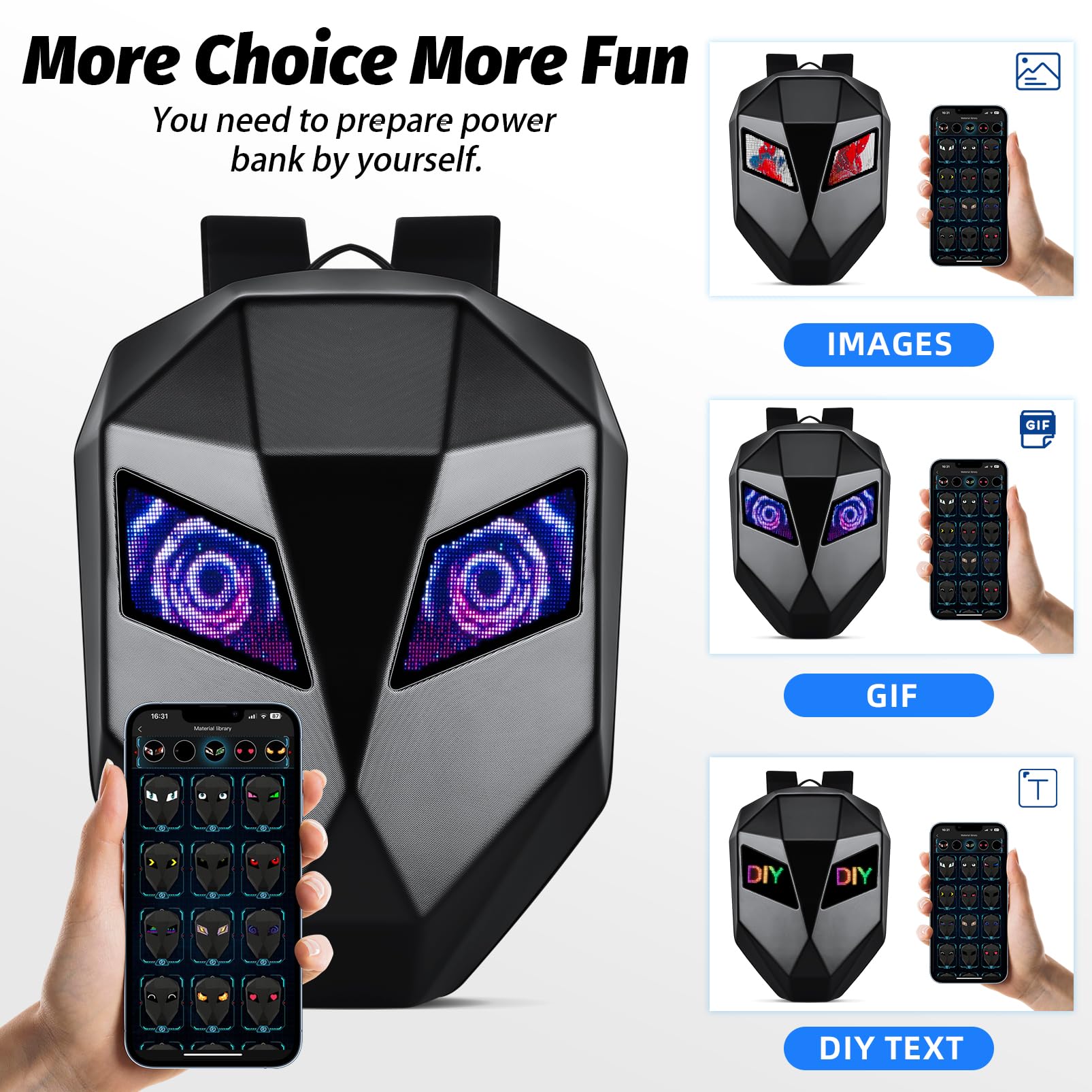 Sac à dos LED pour motard homme, Sac à dos de moto étanche avec ordinateur portable, Affichage couleur complet et yeux programmables DIY,Noir