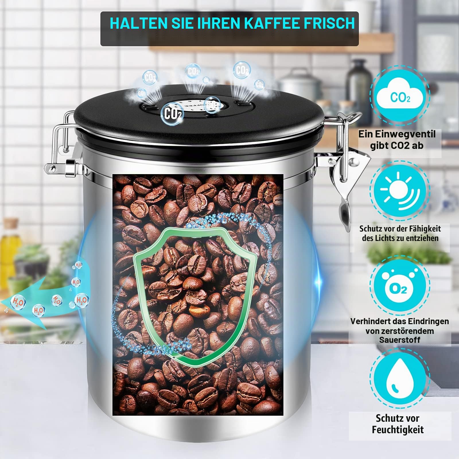 Kaffeedosen Luftdicht 1kg Bohnen, 2800ML Kaffeebohnen behälter Kaffeebehälter Vorratsdosen aus Edelstahl mit Datums-Tracker, 30ML Messschaufel und CO₂-Ventil für Kaffee Kaffeebohne Pulver, Zucker, Tee