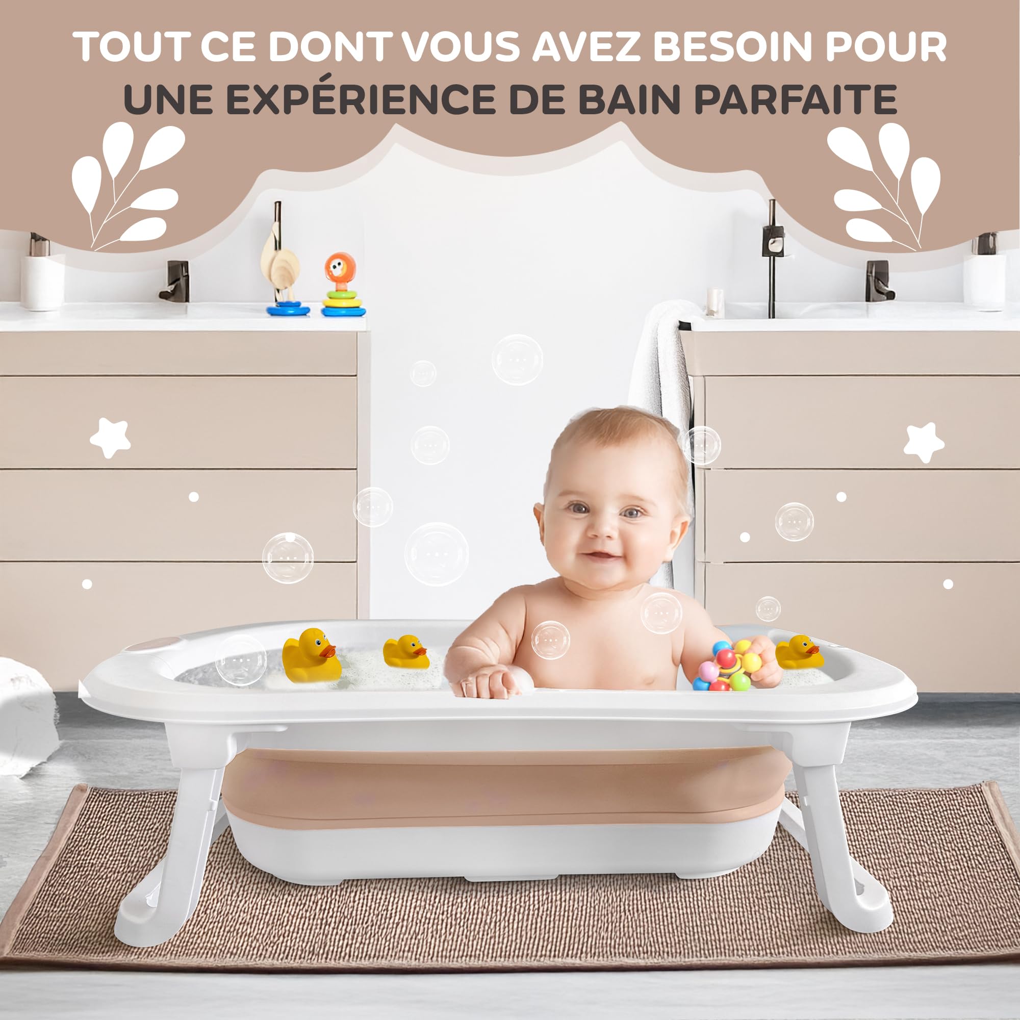 FawnsLife Baignoire Bébé Pliable XXL sur Pied avec Siège Confortable et Seau