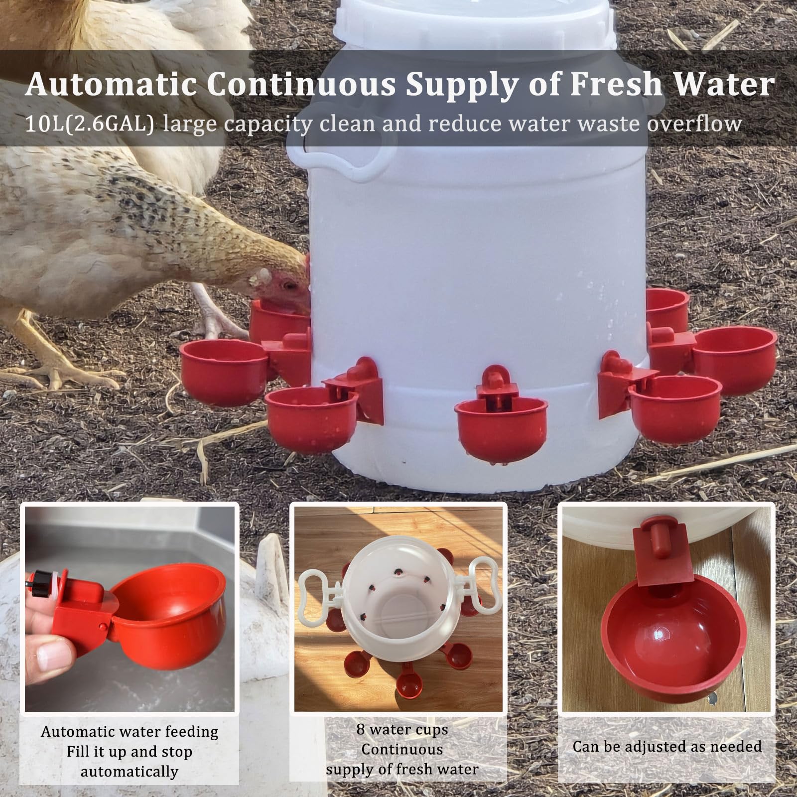 Set Mangiatoia e Abbeveratoio per Galline Polli, Plastica Resistente Alimentatore 50L con 10 Porte, Distributore Acqua 10L con 8 Tazze per Pulcini Anatre Pollame(Color:Bianco)