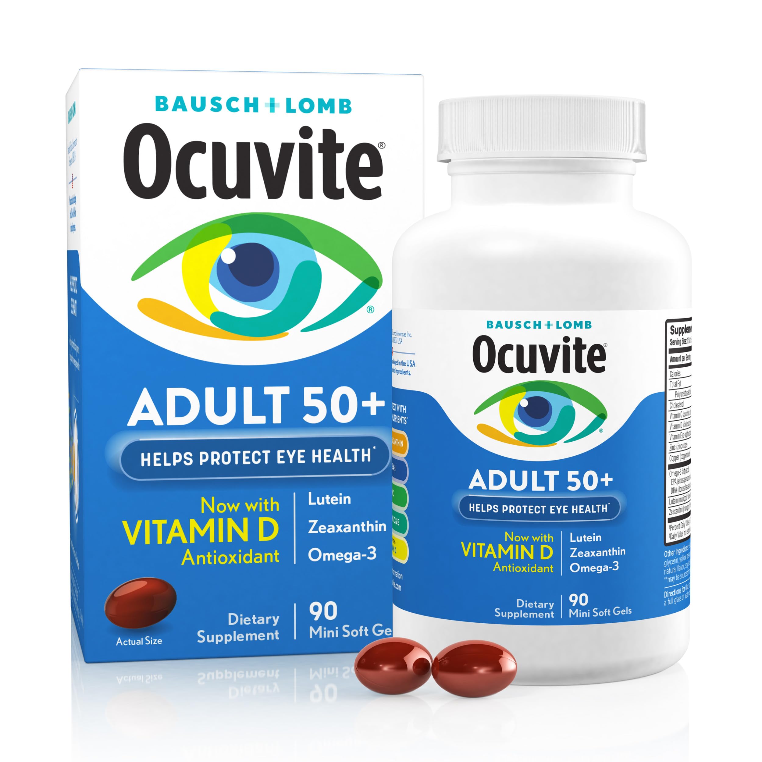 Ocuvite 50+ Eye Vitamin & Mineral Supplement, Multivitamin for Vision & Ocular Health with Omega-3, Zinc, Vitamins C & E, Lutein & Zeaxanthin, Zinc Supplements for Women and Men, 90 Softgels