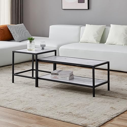 Duitrc Juego de mesa auxiliar rectangular y mesa auxiliar moderna mesa anidada de 2 piezas con marco de metal y parte superior de mármol sintético