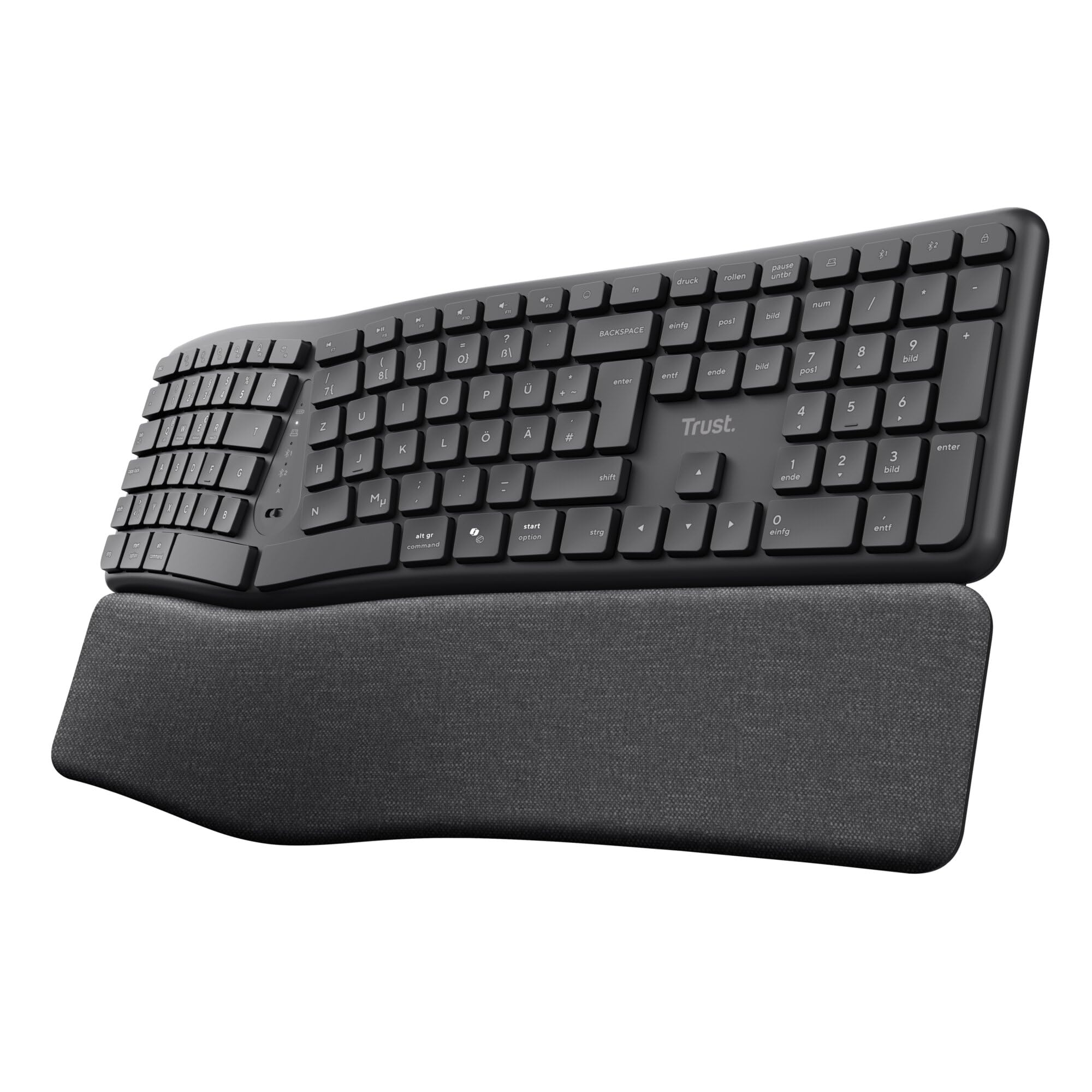 Trust Arvia Leise Ergonomische Tastatur Kabellos QWERTZ Layout Bluetooth + 2.4GHz USB Empfänger, Multigeräte Funktastatur mit Handballenauflage, Split Keyboard für PC Laptop Mac, Schwarz
