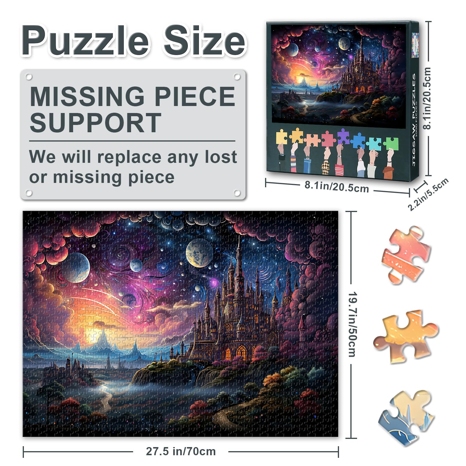 1000 Piece Jigsaw Puzzle Fantasy Landscape Art with Majestic Floating Castles Glowing Moonlit Sky Mystical Fairy Tale Scene Premium Quality Paper Puzzle for Adults & Family Bonding 27.5x19.7 Inches - Image 3