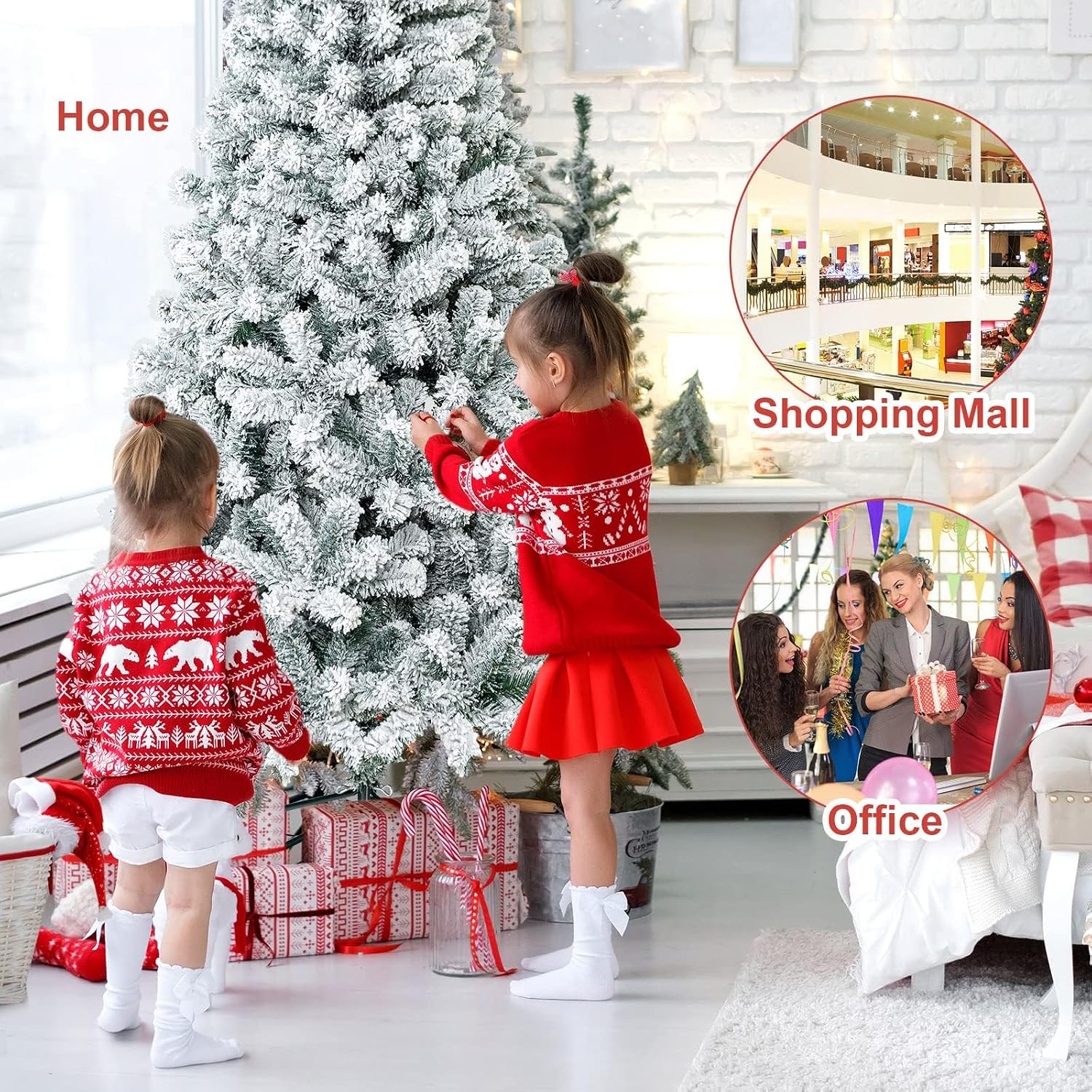 DORTALA Flocked Christmas Tree 9FT, Unlit Artificial Full Xmas Tree with 1498 Branch Tips, PVC Needles, Folding Metal Stand, Holiday Decor Tree for Home, Office, Shops, White