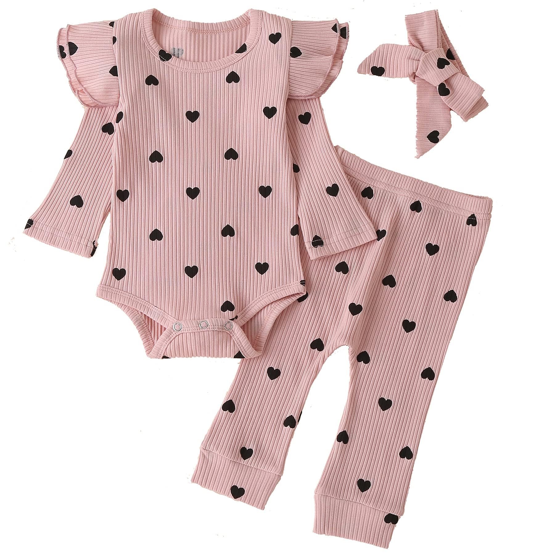Fullfamous Baby Girl's 3pc Rib Frill Long Sleeve Romper and Pant Set