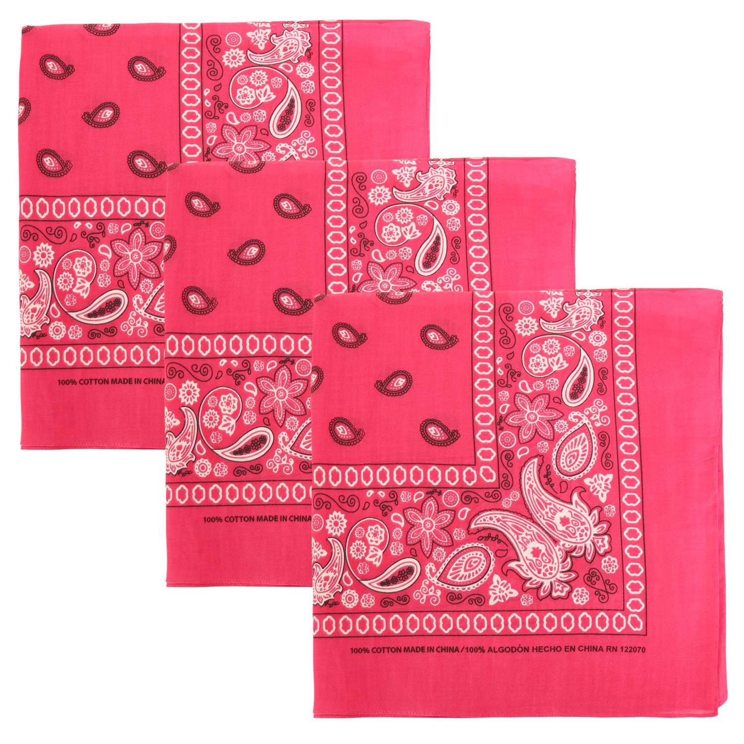 3 PK Cowboy Bandanas 100% Cotton 22 x 22 inch - Fuchsia