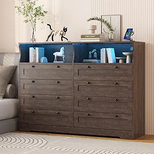Rustic Brown Dresser for Bedroom Deep Drawers, 55 Inch Tall Wooden Bedroom Dressers with Power Outlet and Led Lights, Large Modern 8 Drawers Dressers and Tv Stand Dresser for Living Room, Hallway