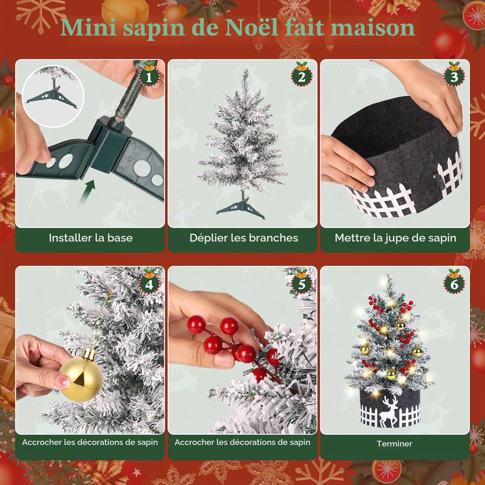Sapin de Noël Neige Artificiel 60cm avec Lumières LED, Sapin Enneigé Flocké Blanc avec Décorations (Boules, Baies, Jupe), Petit Sapin de Noël pour Table et Bureau, Décoration d'Intérieur Maison Cadeau