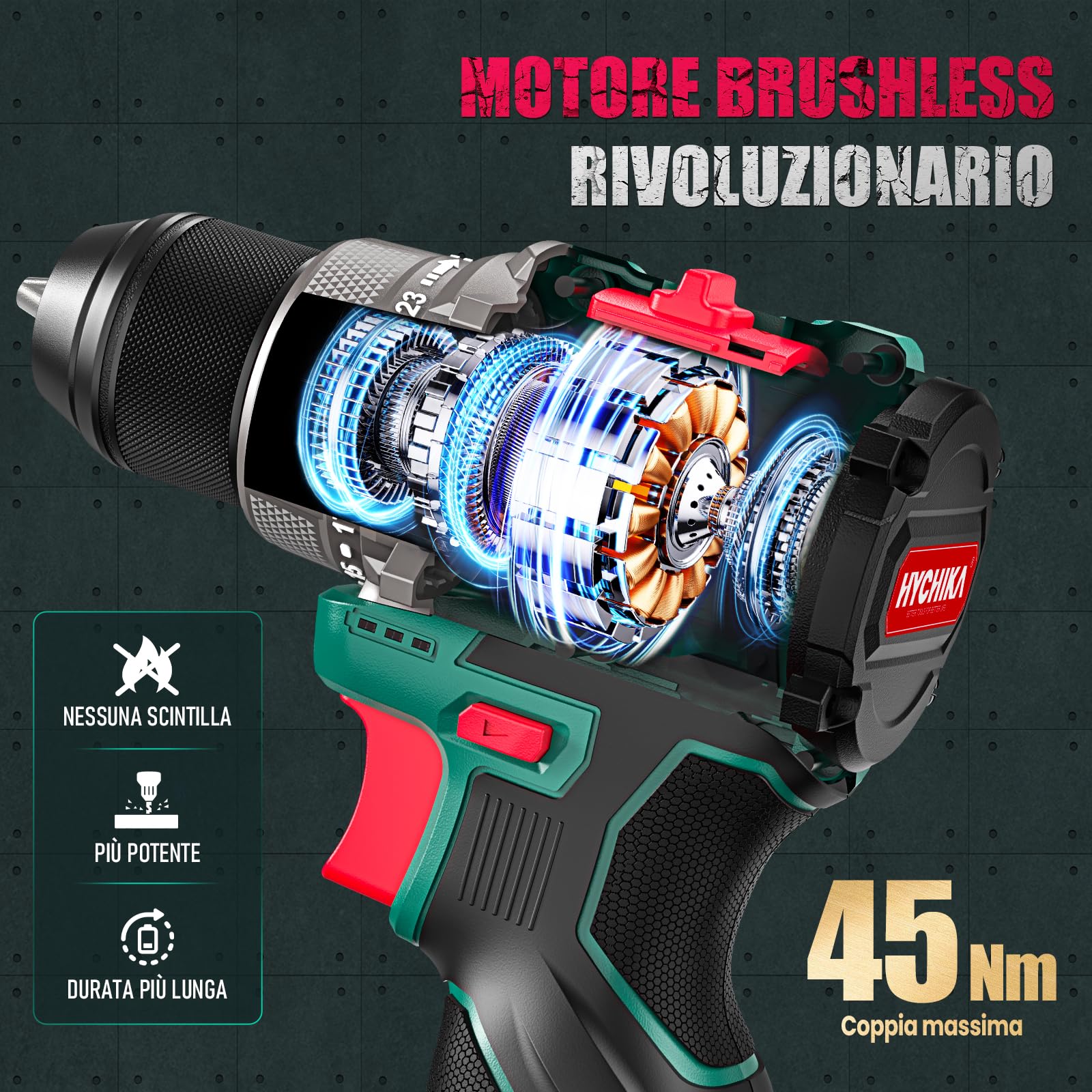 HYCHIKA Set di avvitatore e trapano a batteria 16,8V, motore senza spazzole, 45Nm max, 23+1 coppie di coppia, 53 pezzi, 2 velocità, luce LED, batteria da 1500mAh, cacciavite elettrico senza fili