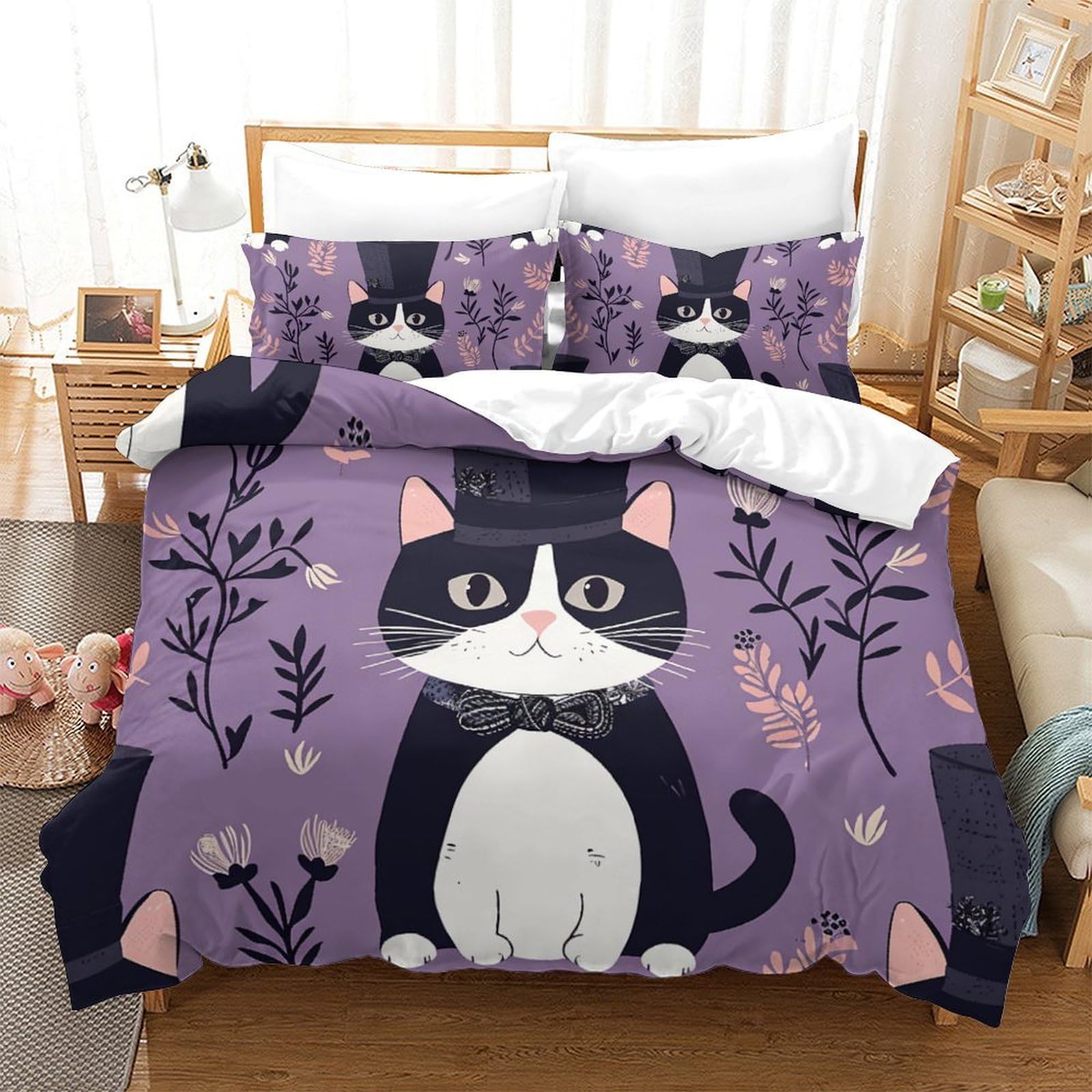 Parure de lit 260x220 chat 3D avec housse de couette microfibre et taies
