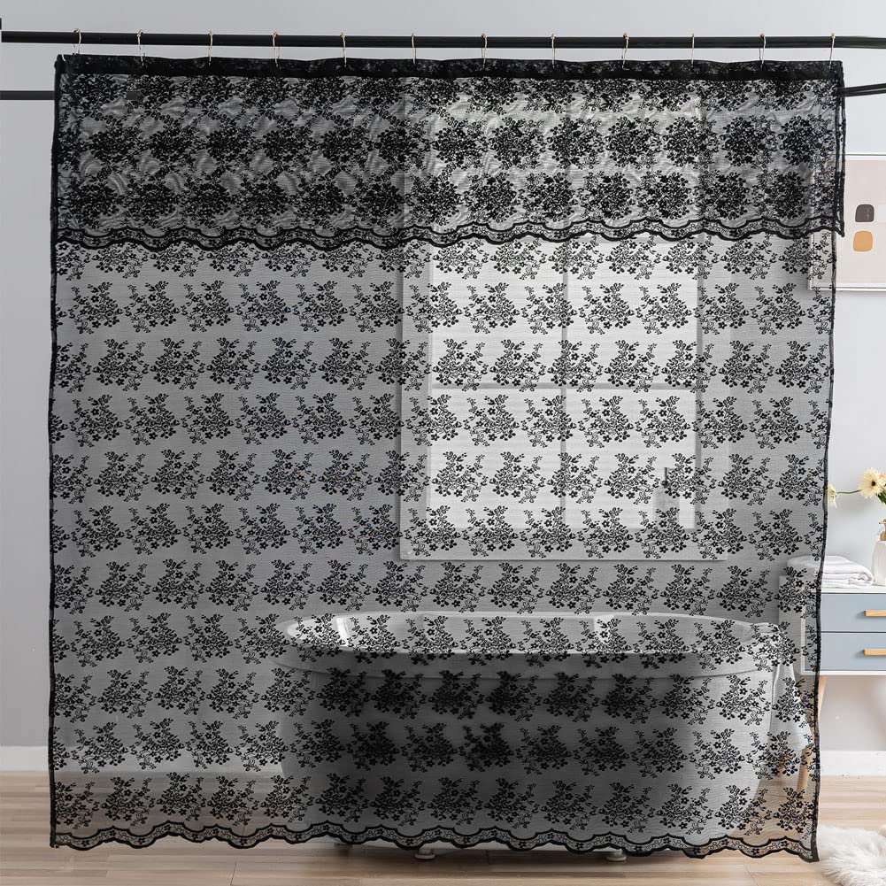 YJ YANJUN Black Lace Shower Curtain with Attached Valance, Luxury Vintage Sheer Gothic Halloween Bathroom Decor - Image 4