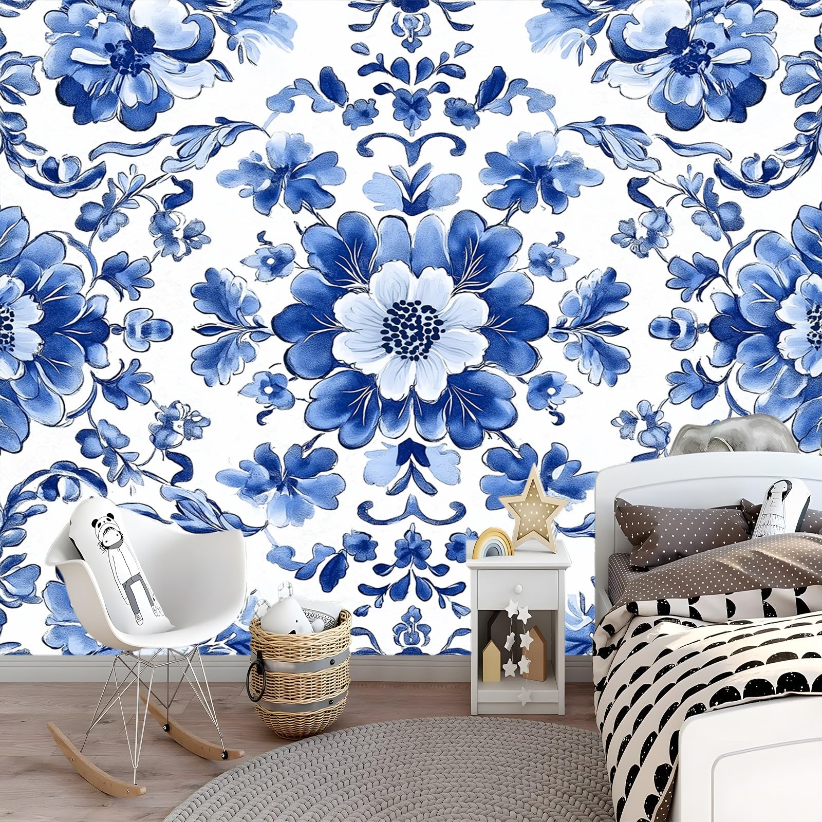 Tapety radition kwiaty orientalny styl niebieski biały 300 x 210 cm (szer. x wys.) , fototapety z włókniny nowoczesne tapety, plakat z efektem 3D wodoodporne malowidła ścienne do kuchni łazienki