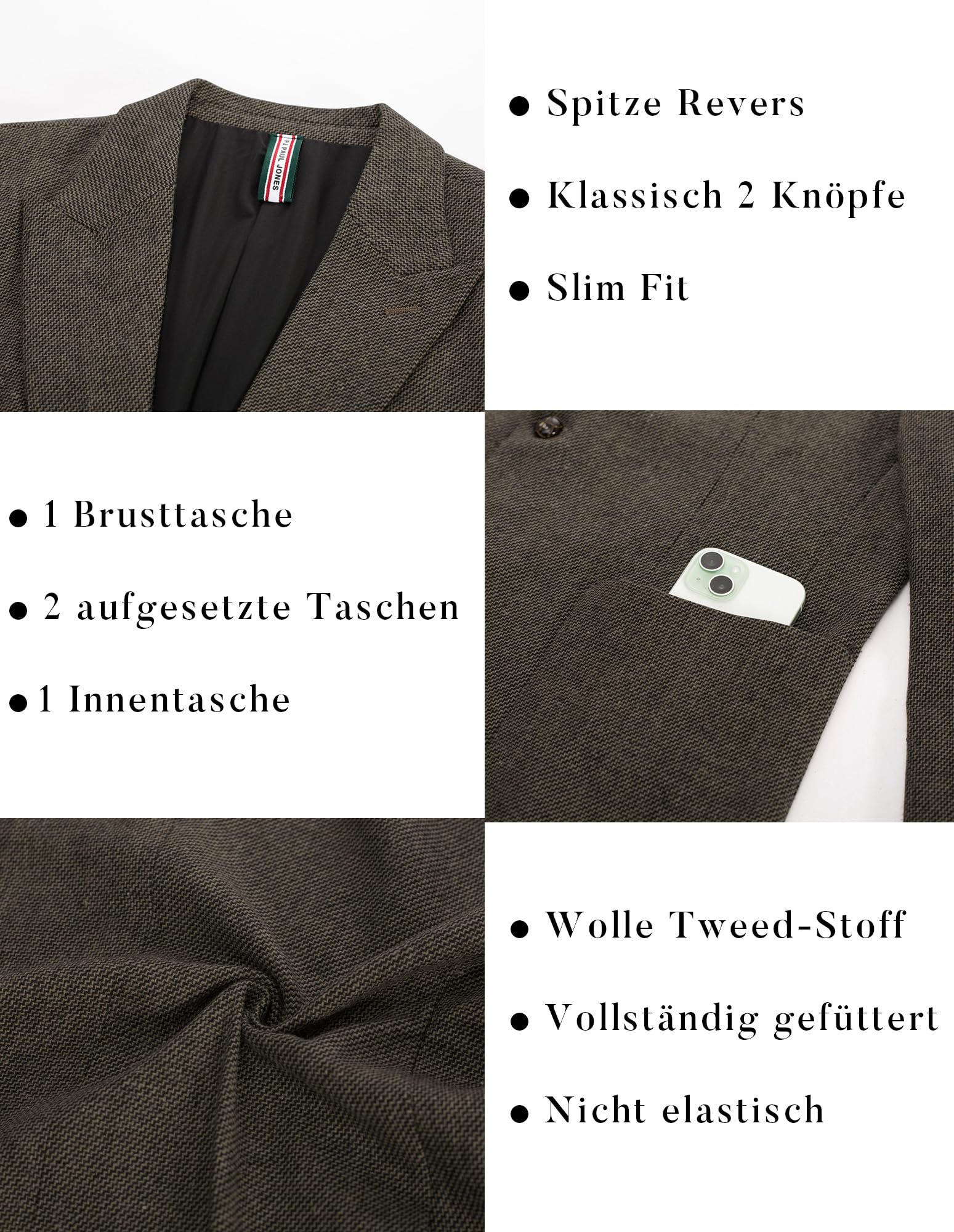 PJ PAUL JONES Sakko - Giacca da uomo sportiva, vestibilità normale, in lana Tweed British Blazer, stile moderno, per uomo
