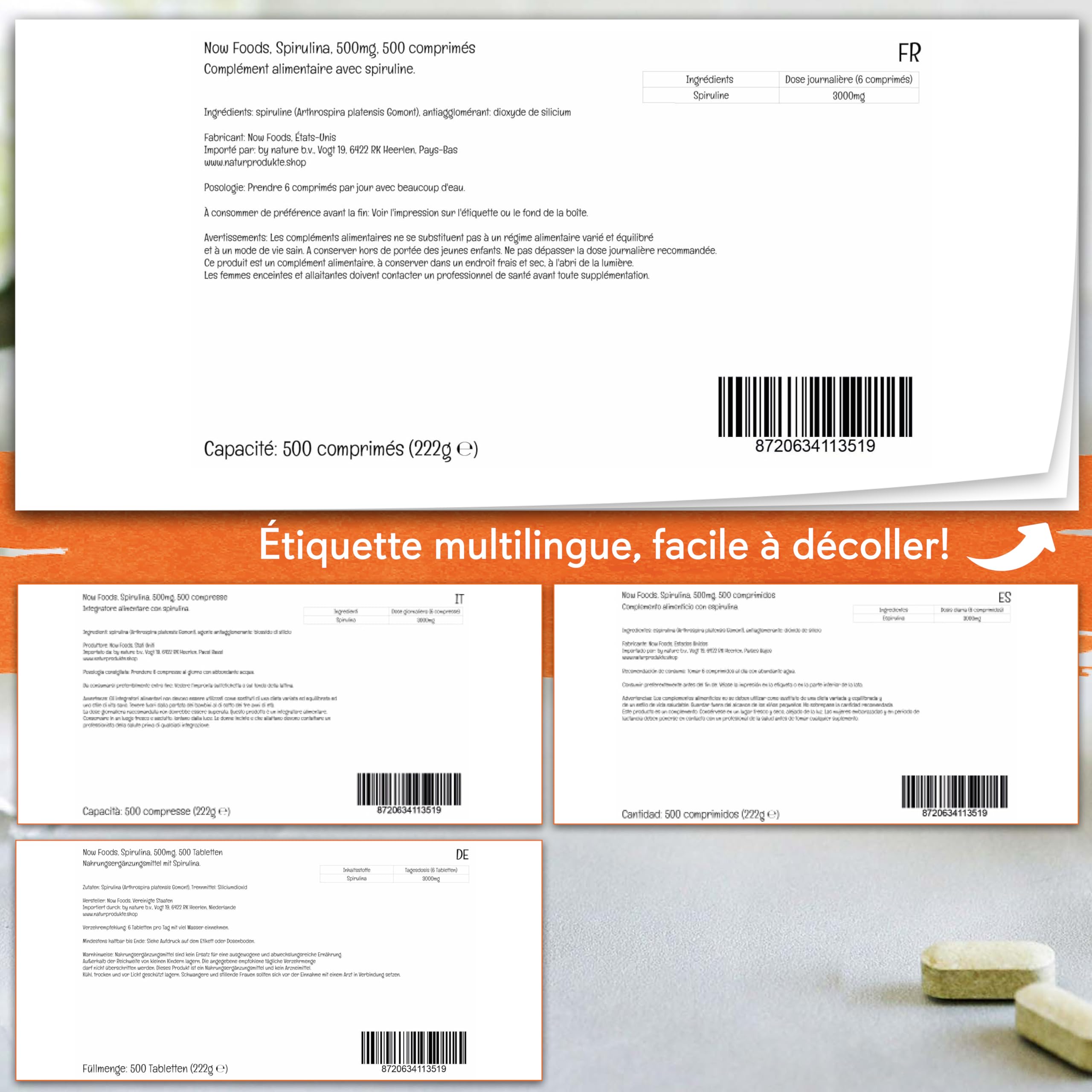 Now Foods, Certified Organic Spirulina (Spiruline Certifiée Biologique), 500mg, 500 Comprimés végétaliens, Testé en Laboratoire, Sans Soja, Sans Gluten, Végétarien