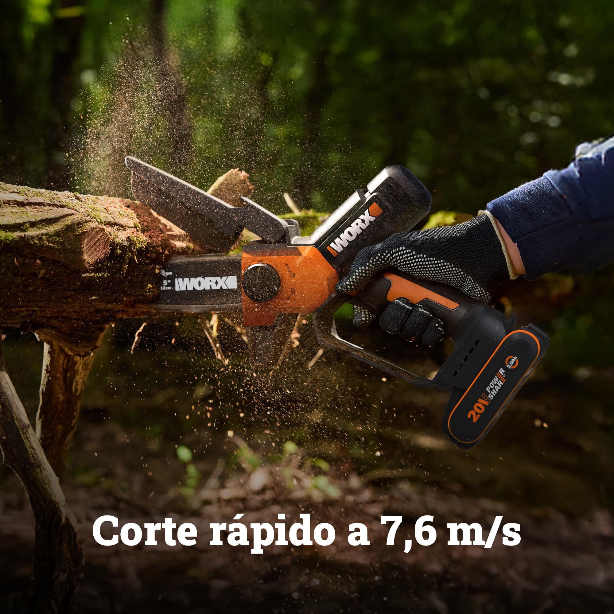 WORX WG326E Mini Motosierra 12cm 20V 2Ah PowerShare, una Mano | Cambio de cadena sin herramientas, doble protección de seguridad, cargador 1h incluido, compatible 20V/40V