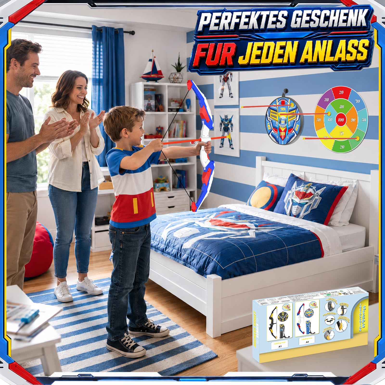 Led Licht Pfeil und Bogen Set mit Verstellbarer Bowstring für Kinder | ﻿ Bogenschießen Spielzeug mit 2 Zielscheibe 10 Saugnapfpfeile und Köcher Jardin Outdoor Spiele Geschenk für Jungen ab 3-12