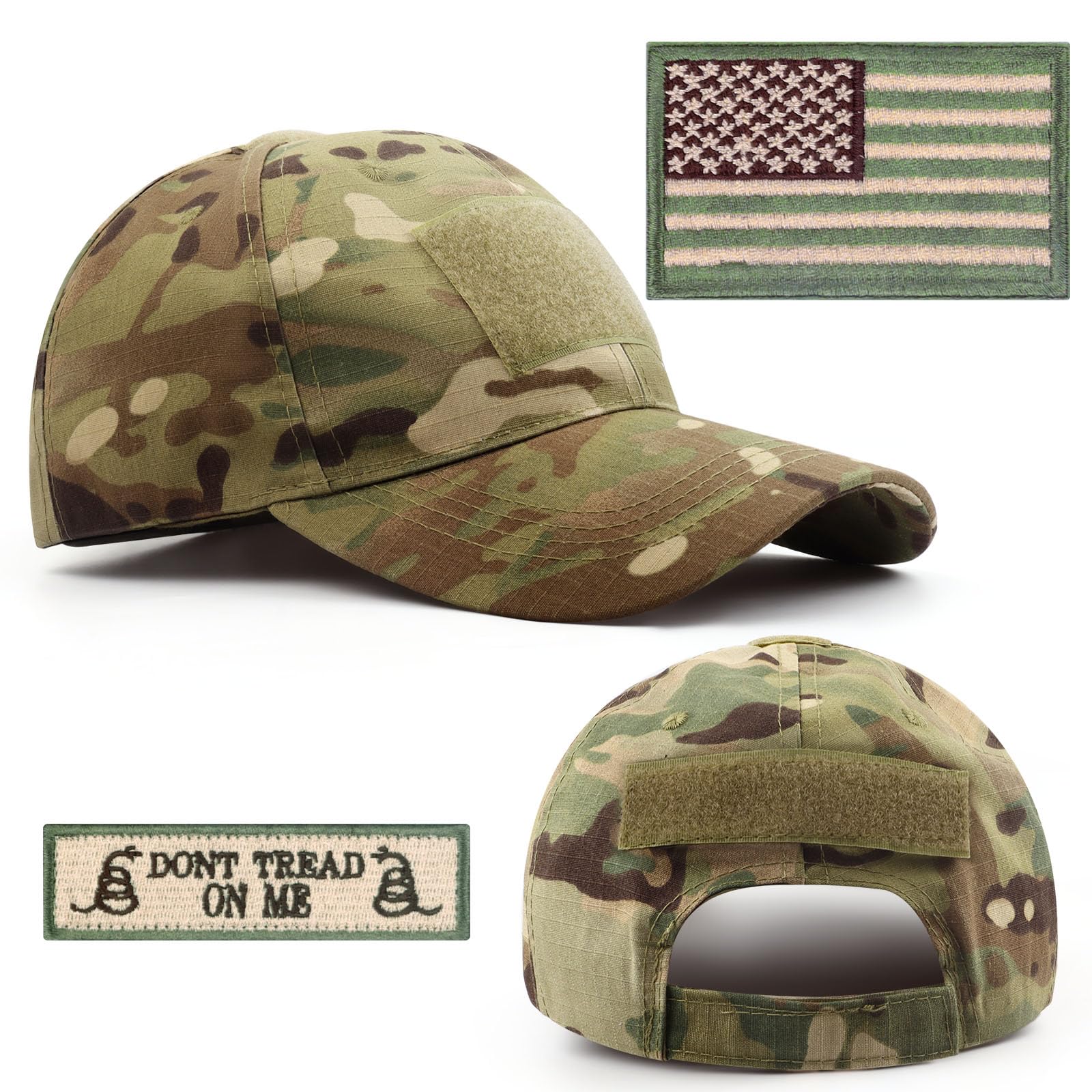 Tactical Hat for Men Adjustable Operator Cap with Hook and Loop Panels, Includes USA Flag Patches, Military Baseball Cap