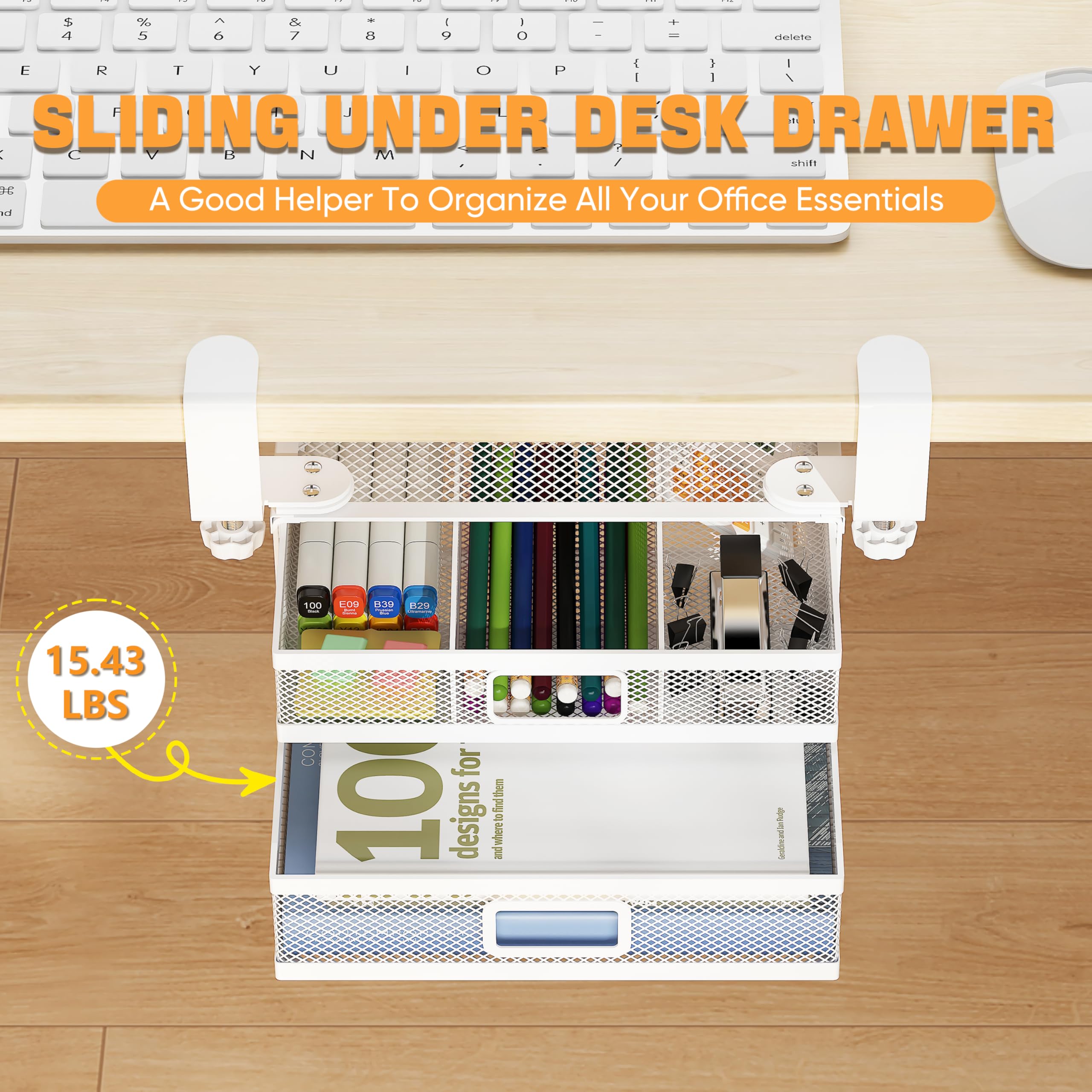ROLIZOE Sliding Under Desk Drawer Organizer No Drilling 2 Drawers Slide Out Desktop Or Under Table Storage Metal Clamp On Desk Drawer Attachment Anti-Slip Desktop Organizer for Home & Office, White