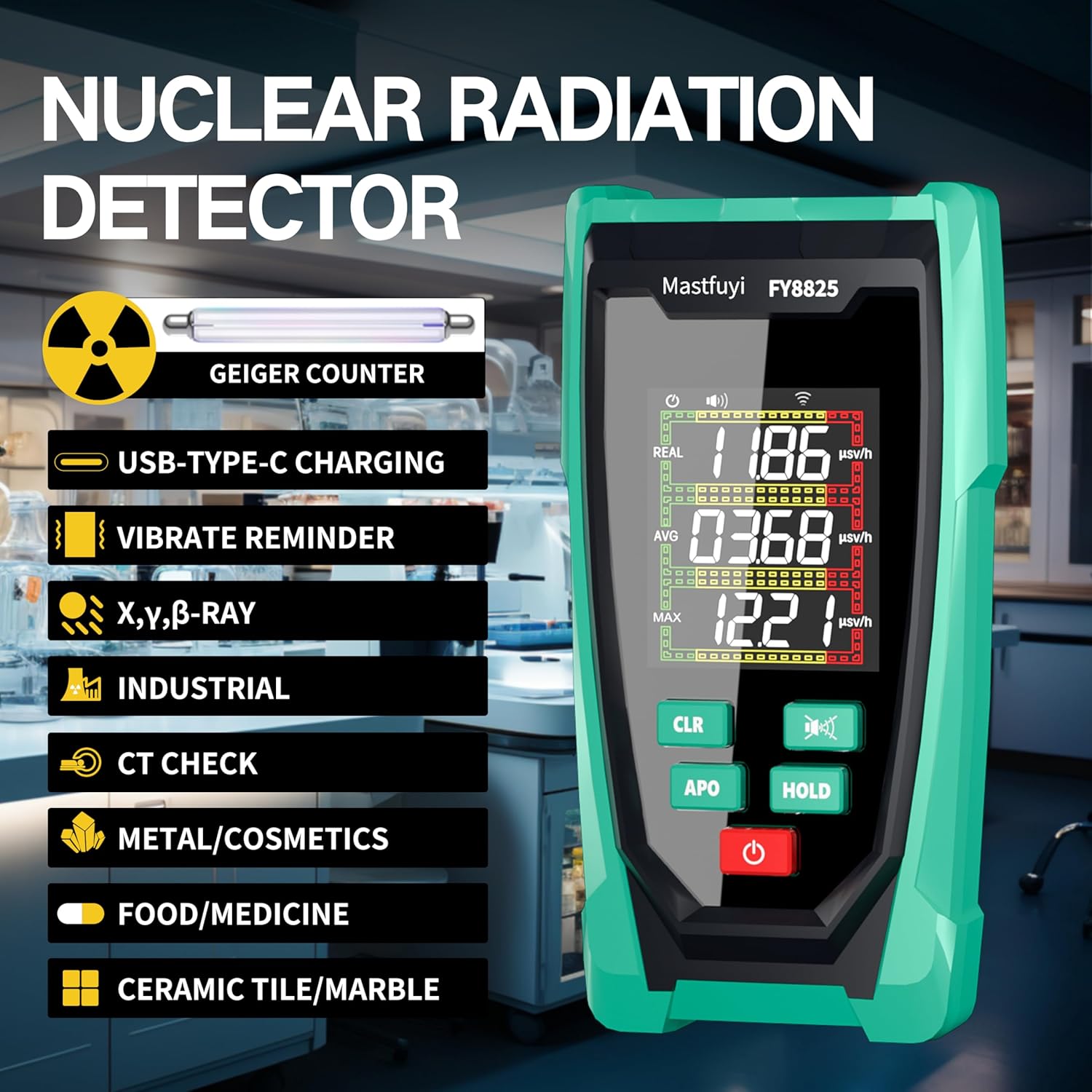 Infographic showing various detection capabilities of the nuclear radiation detector, including Geiger Counter, USB-C charging, vibrate reminder, X,Y,B-RAY detection, and applications in industrial, CT check, metal/cosmetics, food/medicine, and ceramic tile/marble.