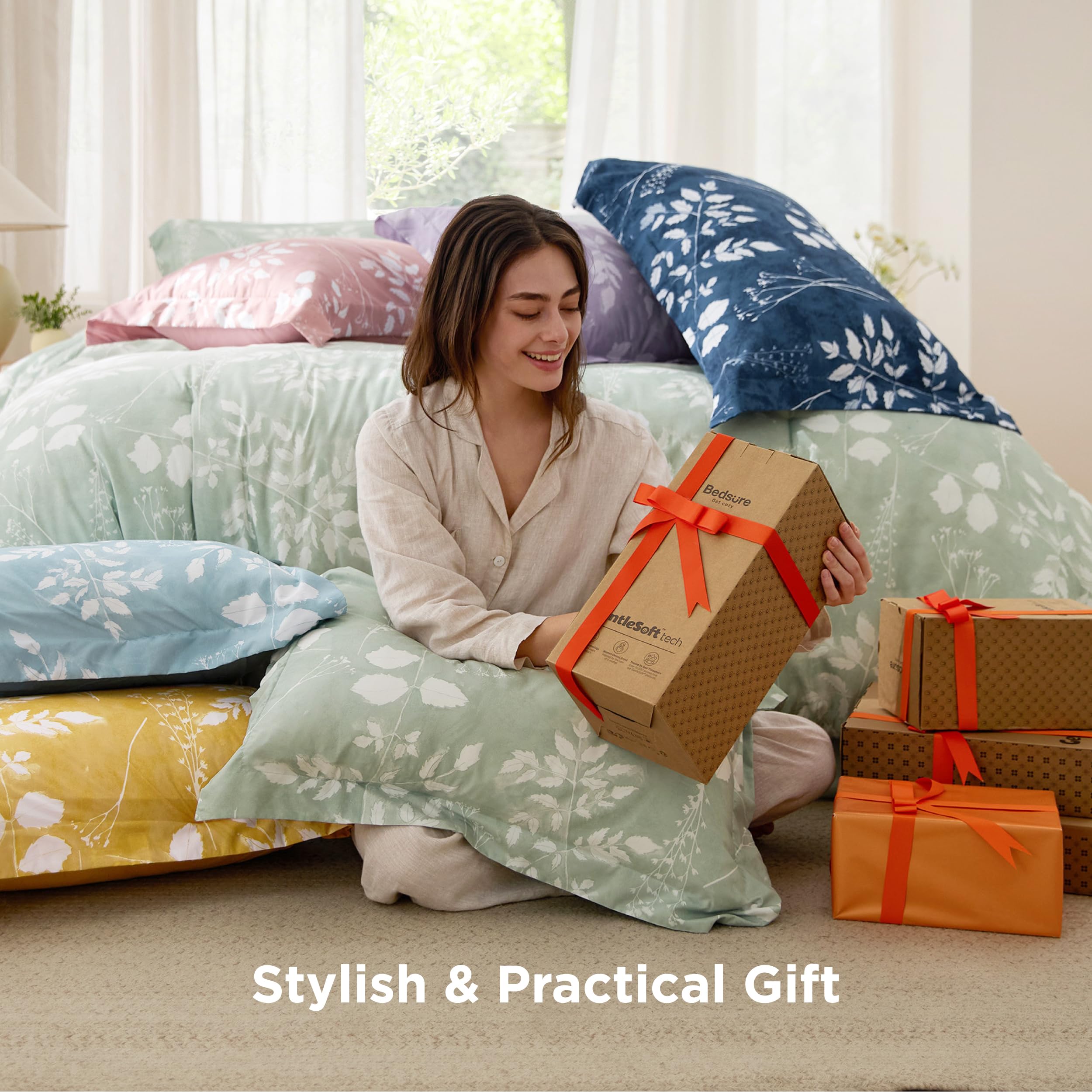 Bedsure Twin Comforter Set - 5 Pieces Floral Sage Green Soft Bedding Sets, Twin Bed in a Bag with Botanical Flowers Comforter, Sheets, Pillowcase & Sham