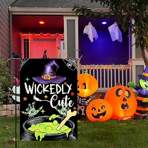 Miniatura 3 de Bandera de jardín de Halloween de 12.5 x 18 pulgadas de arpillera vertical de doble cara de truco o trato pequeña bandera de jardín con texto en