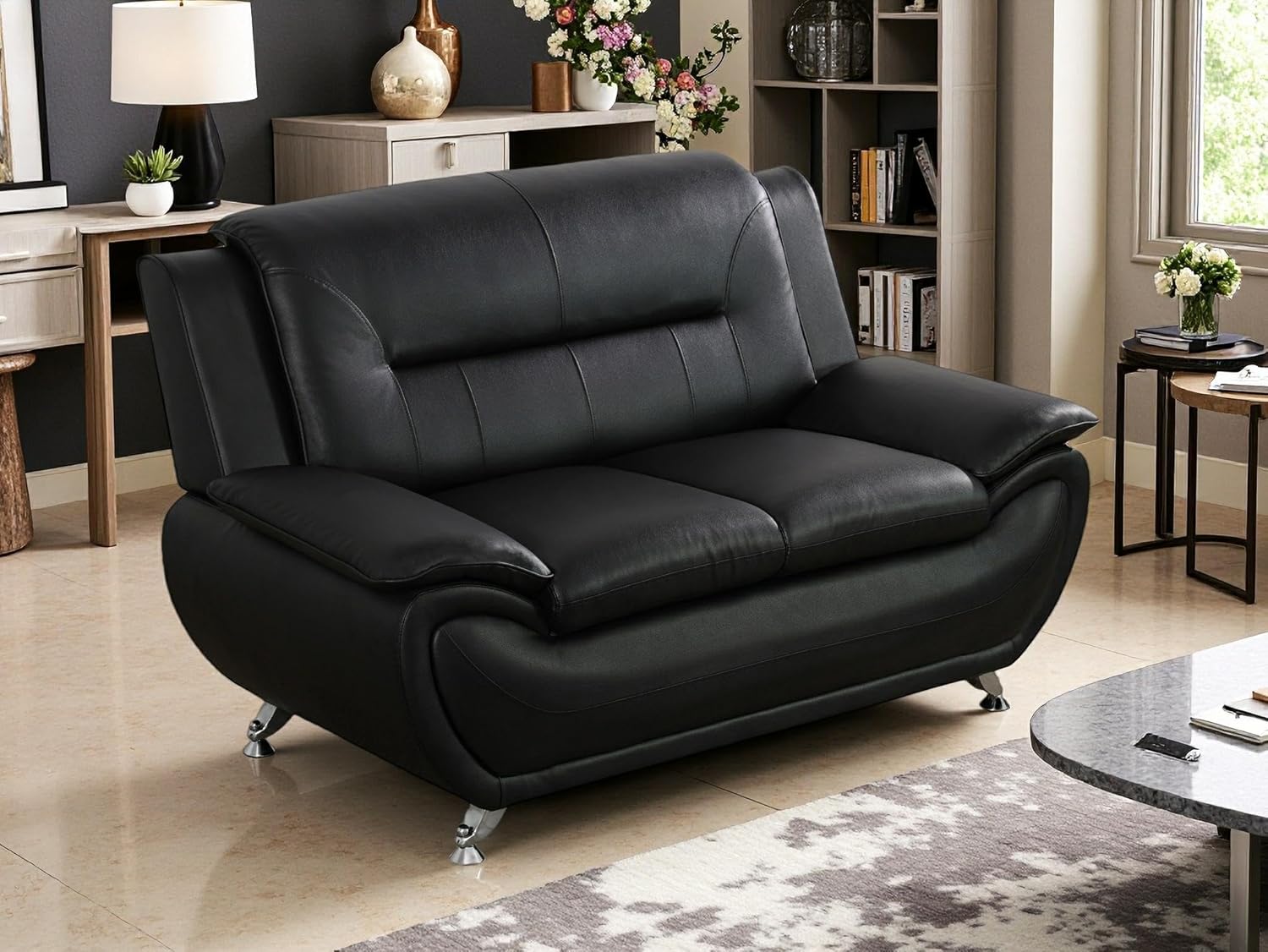 Modern Faux Leather Loveseat Set, Living Room Furniture, Black Leather Sectional Sofa Sets for Bedroom/Office/Apartment/Living Room