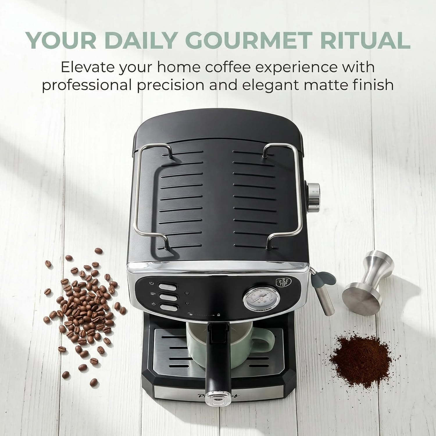 PlumChef 20 Bar Espresso Machine, Retro Coffee Maker with Pressure Gauge, Steam Wand for Latte & Cappuccino, Built-in Cup Warmer, 54oz Detachable Water Tank, ESE Pod & Ground Coffee Compatible