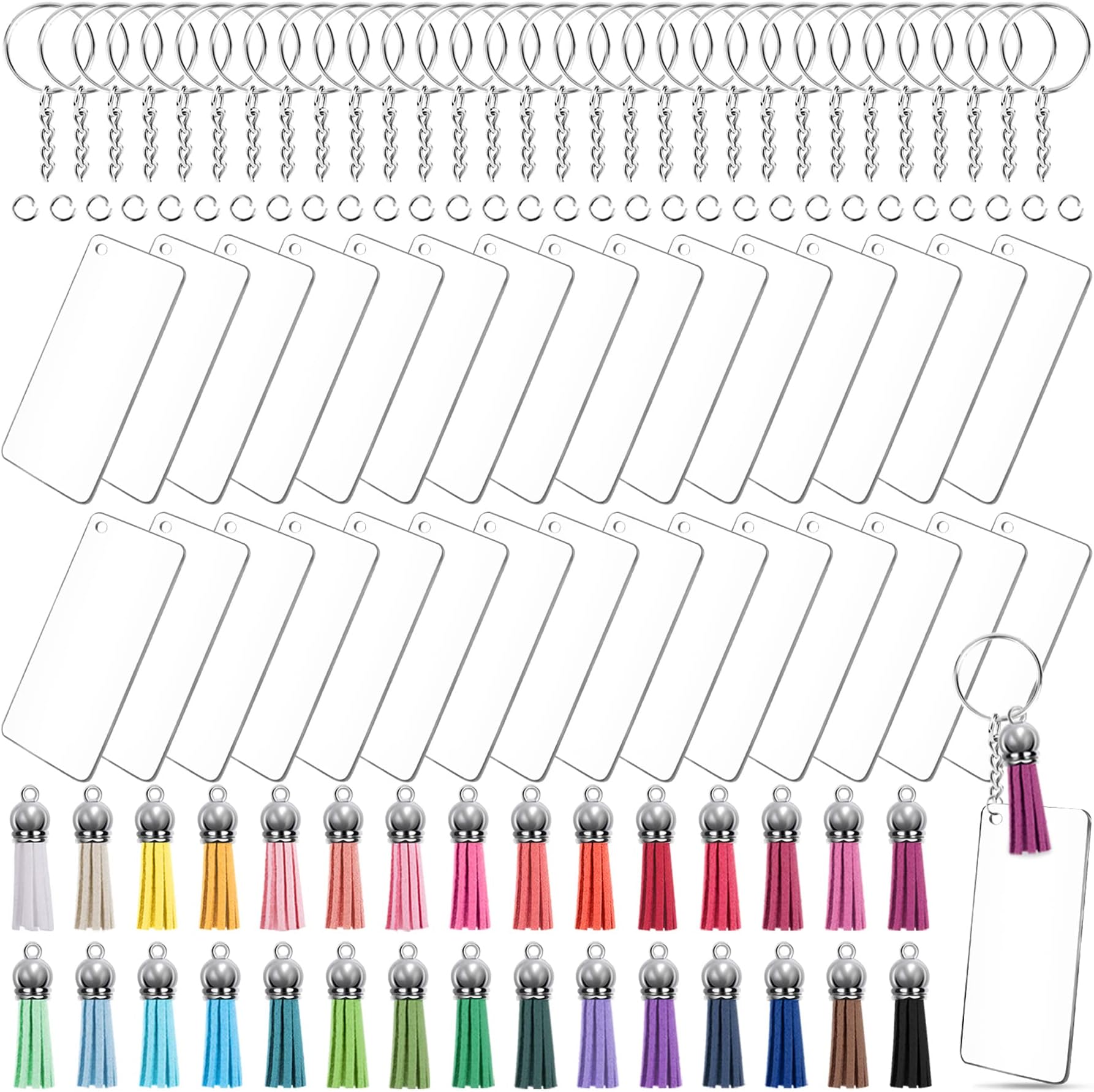Duufin 120 Pcs Acrylic Keychain Blanks Tassel Set Including 30 Pcs Rectangle Clear Acrylic Blank (3 x 7cm) Key Rings with Chain Keychain Tassels and Jump Rings
