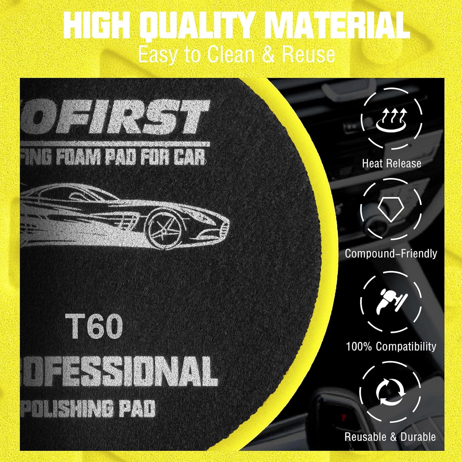 6 Inch Buffing Polishing Pads - 3Pcs Yellow Polish Pad - 6.5 Inch Face for 6 Inch 150mm Backing Plate - High-Density Buffing Sponge Pads for Car Buffer Polisher Compounding, Polishing & Waxing - Image 3