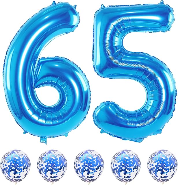 Blue Birthday Balloon Numbers 65, 40 Inch Big Foil Mylar Number 5 and 6 Balloons with Blue Confetti Latex Helium Balloons Set for Men Women 56th 65th Birthday Anniversary Party Decorations Supplies
