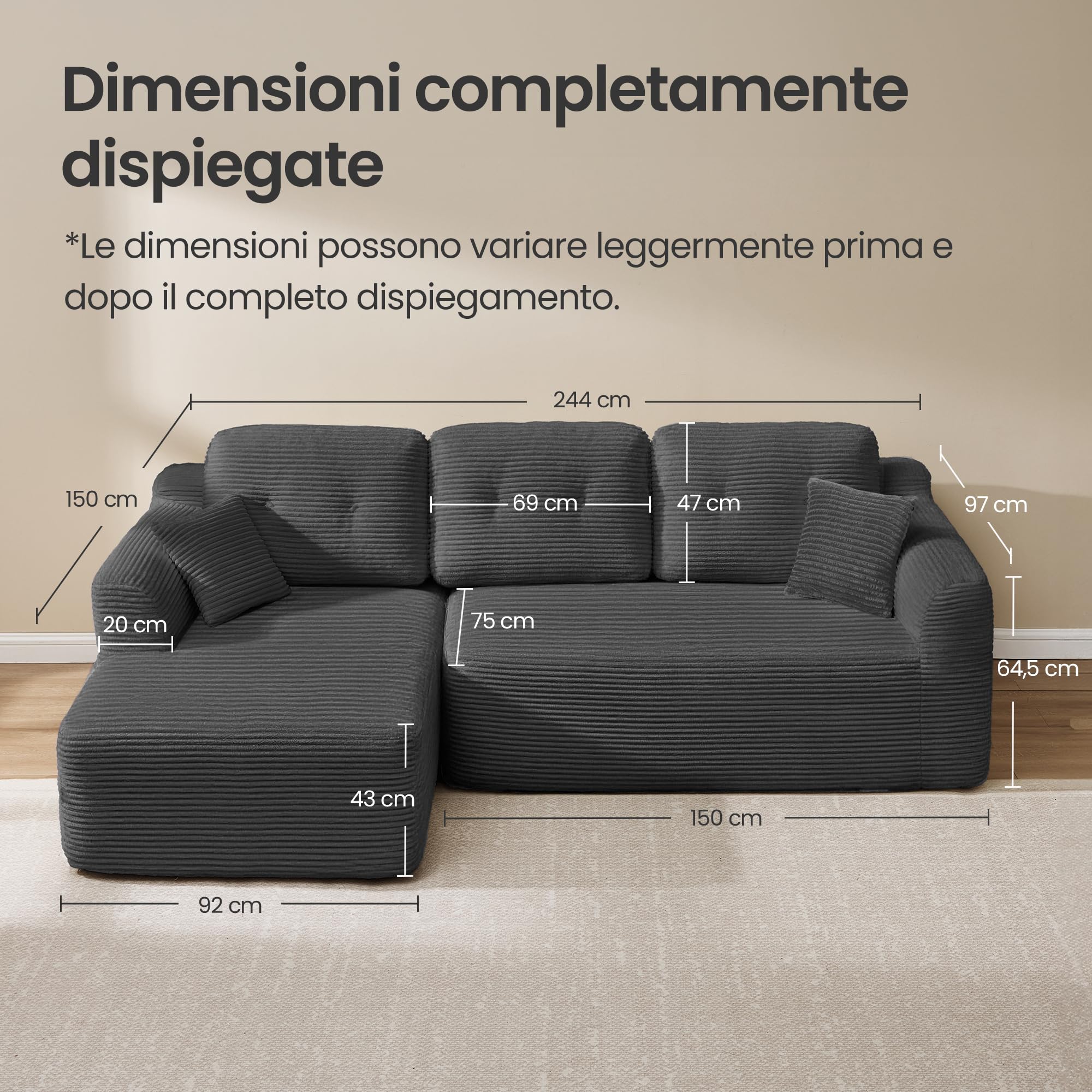 VASAGLE Divano Angolare, Divano Modulabile 244 cm, Consegnato Compresso in Collo, Senza Montaggio, con Ampia Chaise Longue a Sinistra, per Soggiorno, Camera degli Ospiti, Grigio Ardesia LCS183GN01